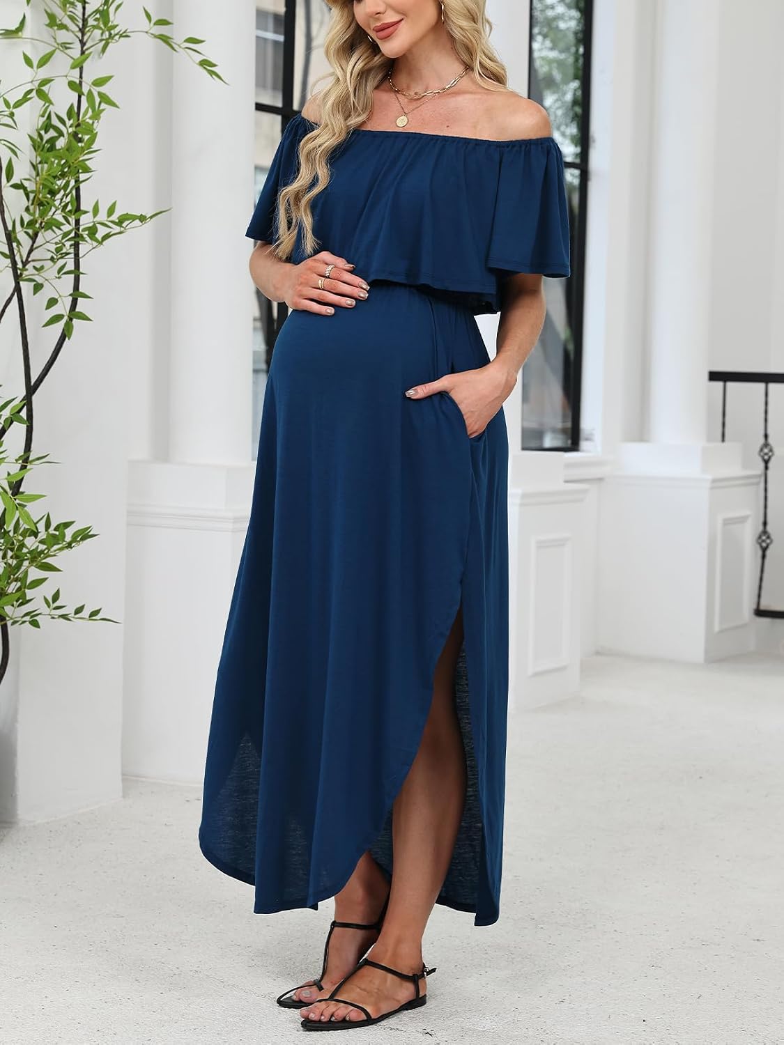 CUPSHE Women's Maxi Off-Shoulder Maternity Dress Summer Casual Sleeveless Ruffled Trim Photoshoot Dresses