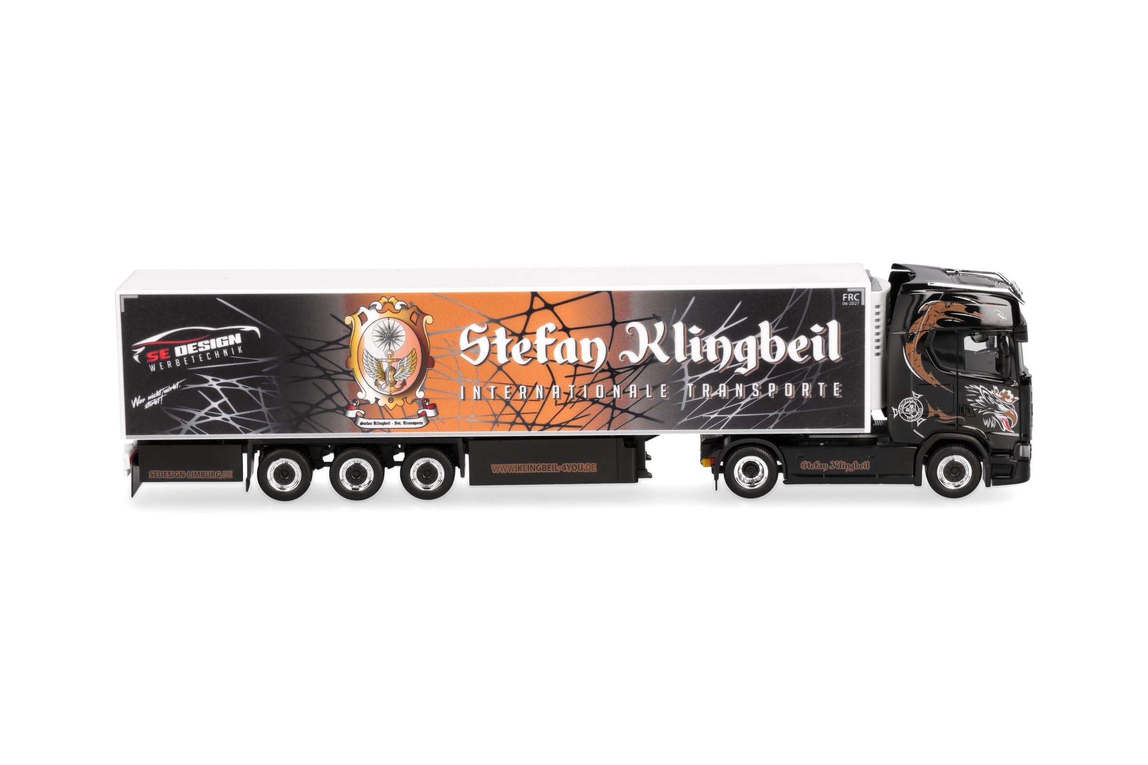Herpa Model ciężarówki Scania CS 20 HD chłodnia z naczepą „Stefan Klingbeil Transporte”, miniatura w skali 1:87, model kolekcjonerski, wyprodukowany w Niemczech, wykonany z tworzywa sztucznego