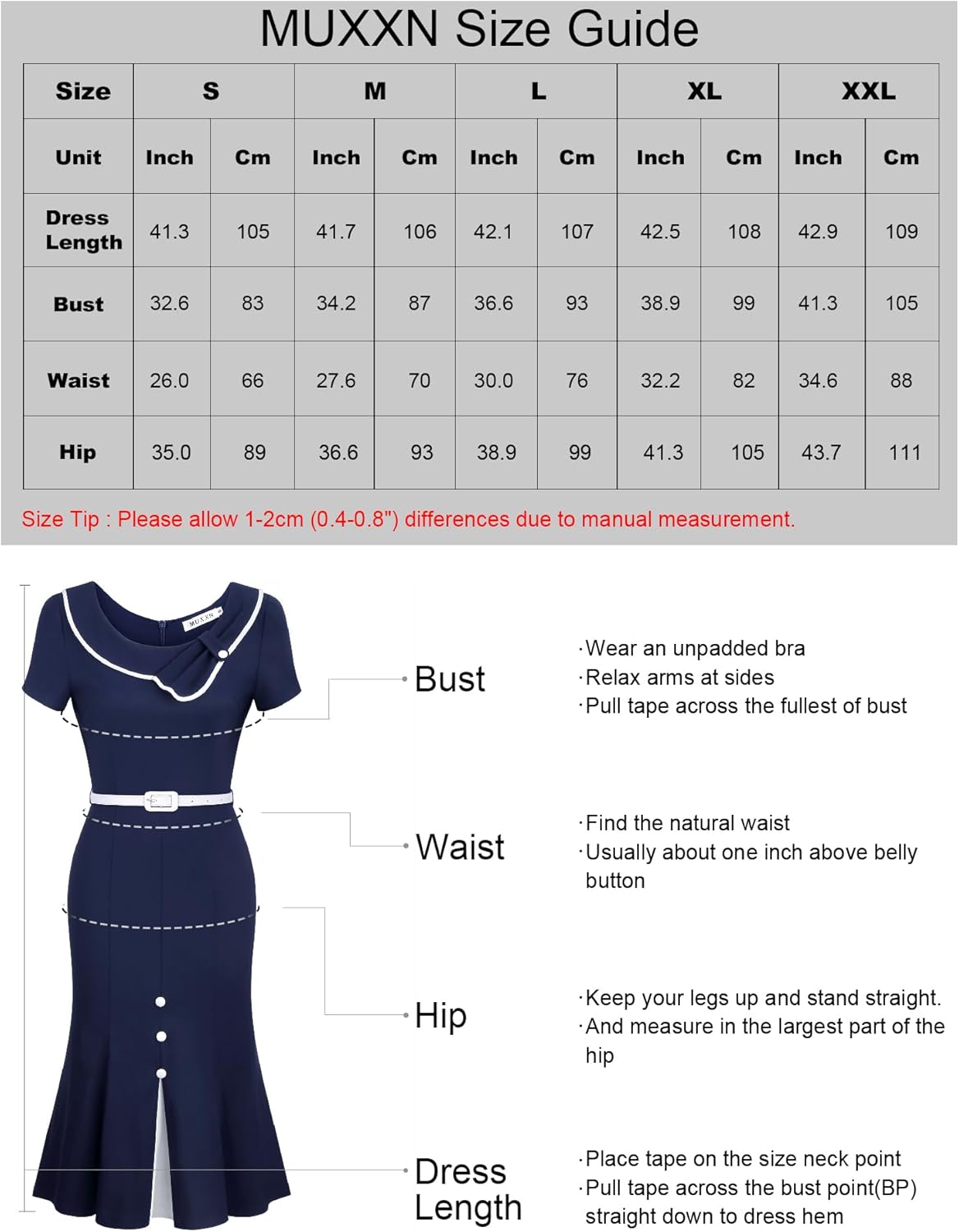 MUXXN Women's Retro 60s Sailor Collar Short Sleeve Pinup Cocktail Work Mermaid Dress with Belt - Image 6