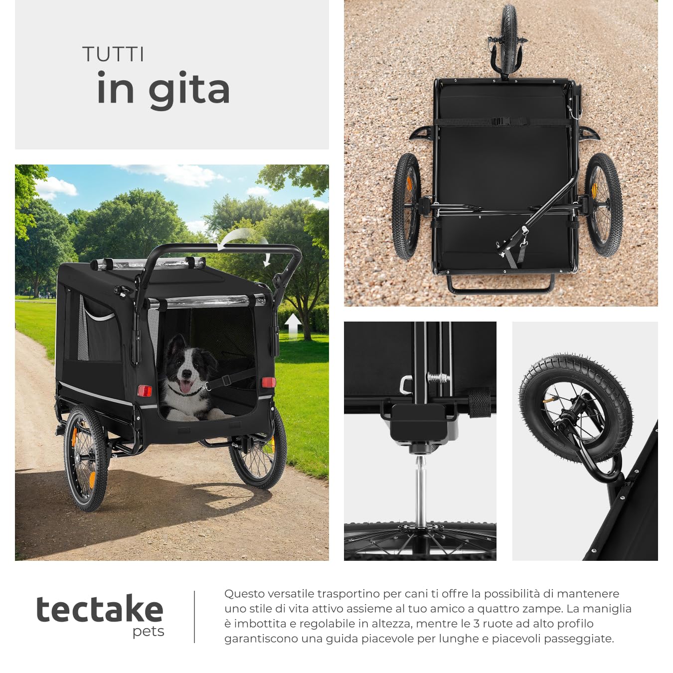 tectake® Carrello per Cani WoofRider, Multifunzionale con Bandierina di Segnalazione, Trasportino da Bicicletta, Jogger per Cani con Struttura Richiudibile, Inserti Mesh Traspiranti - Nero