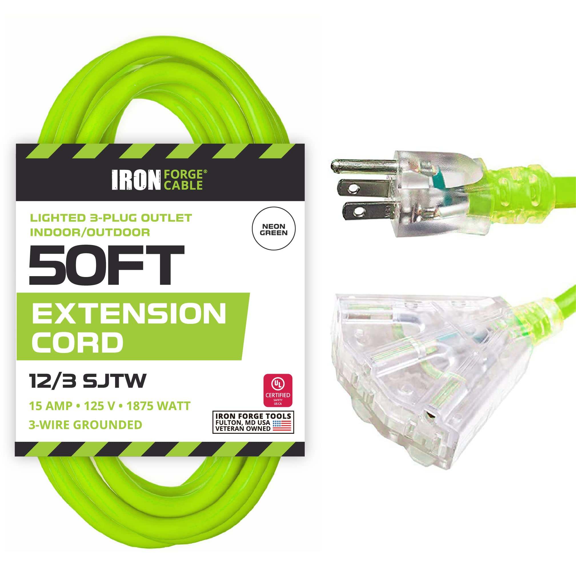 Cavo di prolunga per esterni da 50 piedi con 3 prese elettriche 12/3 SJTW verde neon ad alta visibilità, calibro 12, cavo di prolunga illuminato con spina di terra a 3 pin per una maggiore sicurezza