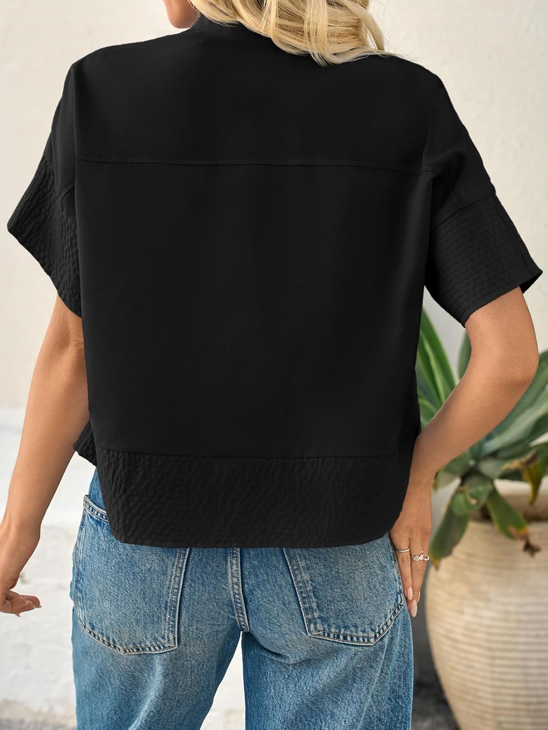 Cicy Bell Womens Cropped Short Sleeve Button Down Shirts Pleated Summer Dressy Casual Blouse Stand Collar Loose Fit Tops - Image 5