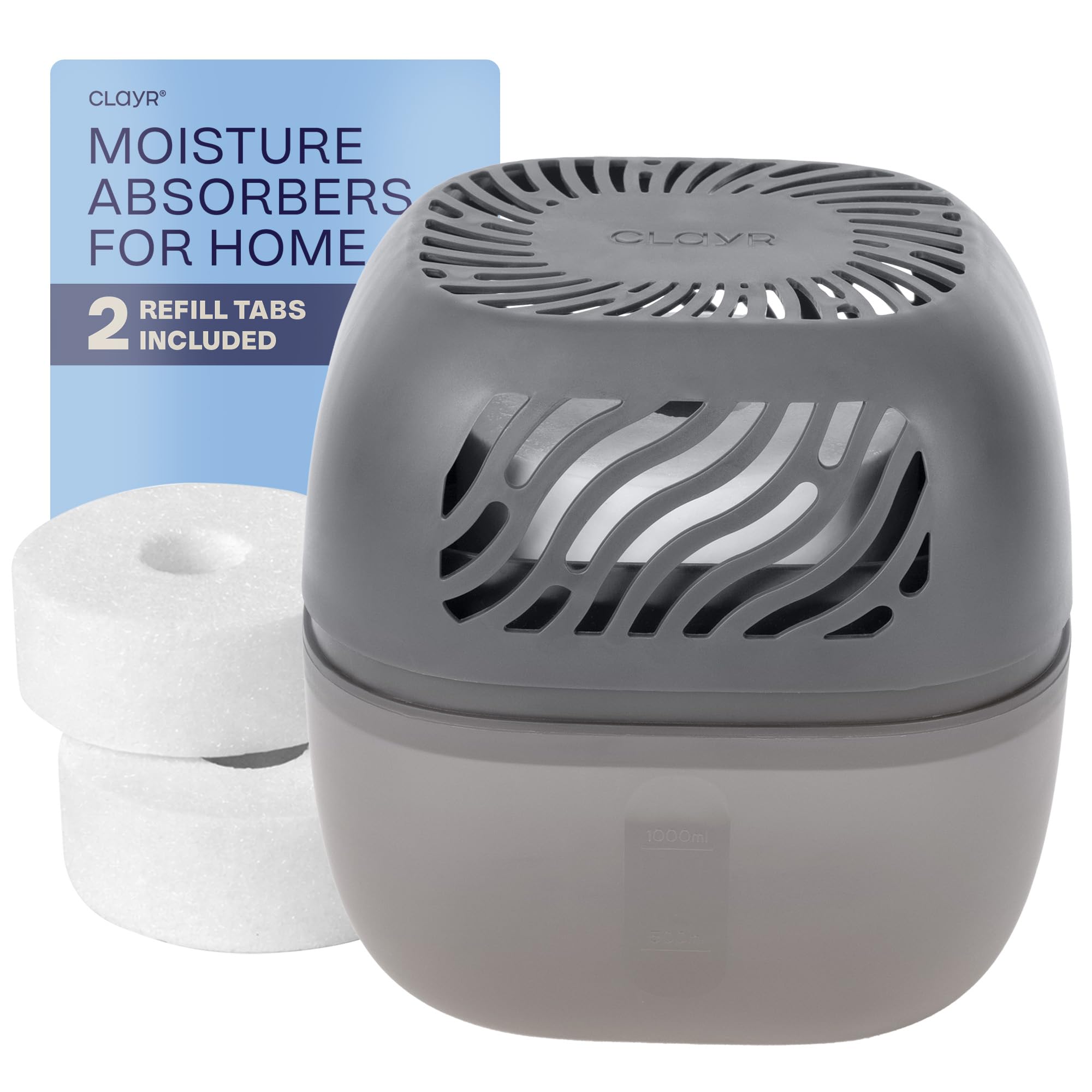 Clayr Airsip Moisture Absorbers for Home - 1000ml Window Condensation Absorbers with 2x 450g Refill Tabs - Eliminates Damp, Mould and Musty Smells - Non Electric Dehumidifier for Bathroom, Home (Grey)