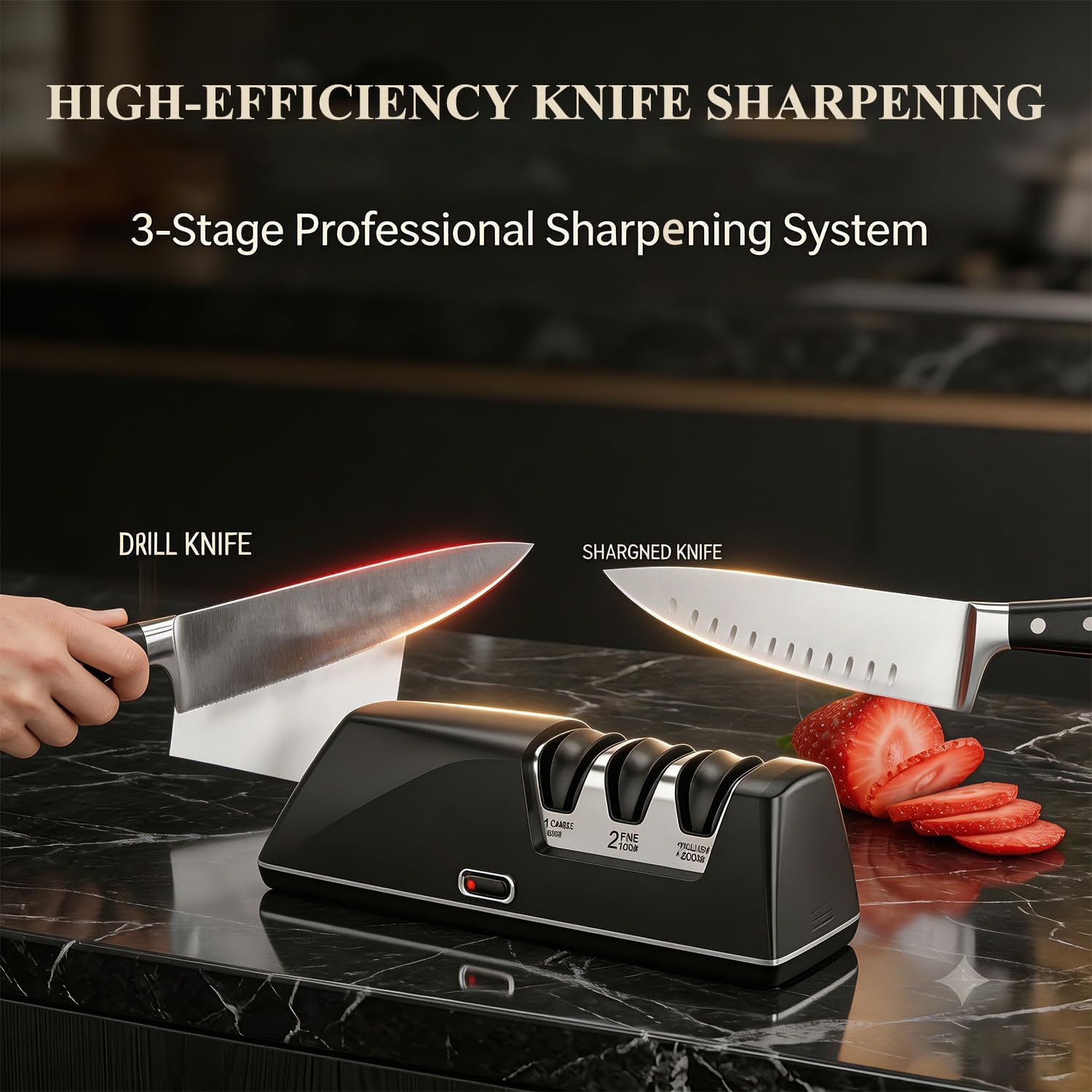 Pro Electric Knife Sharpener 3m Diamond abrasive | 3-Stage (Coarse/Fine/Polish) 3-MDiamond Knife Sharpening system with Precision Angle Guides for Straight & Serrated Knives