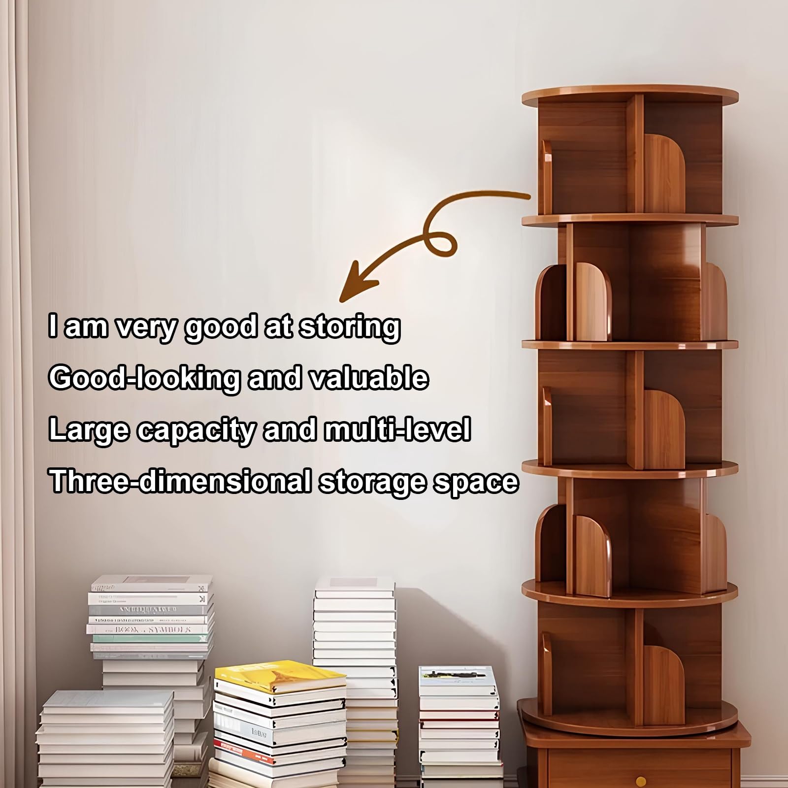 Bibliothèque Rotative 360° ZEOPLE En Bambou - 2 Niveaux Réglables Pour Salon, Bureau Ou Chambre