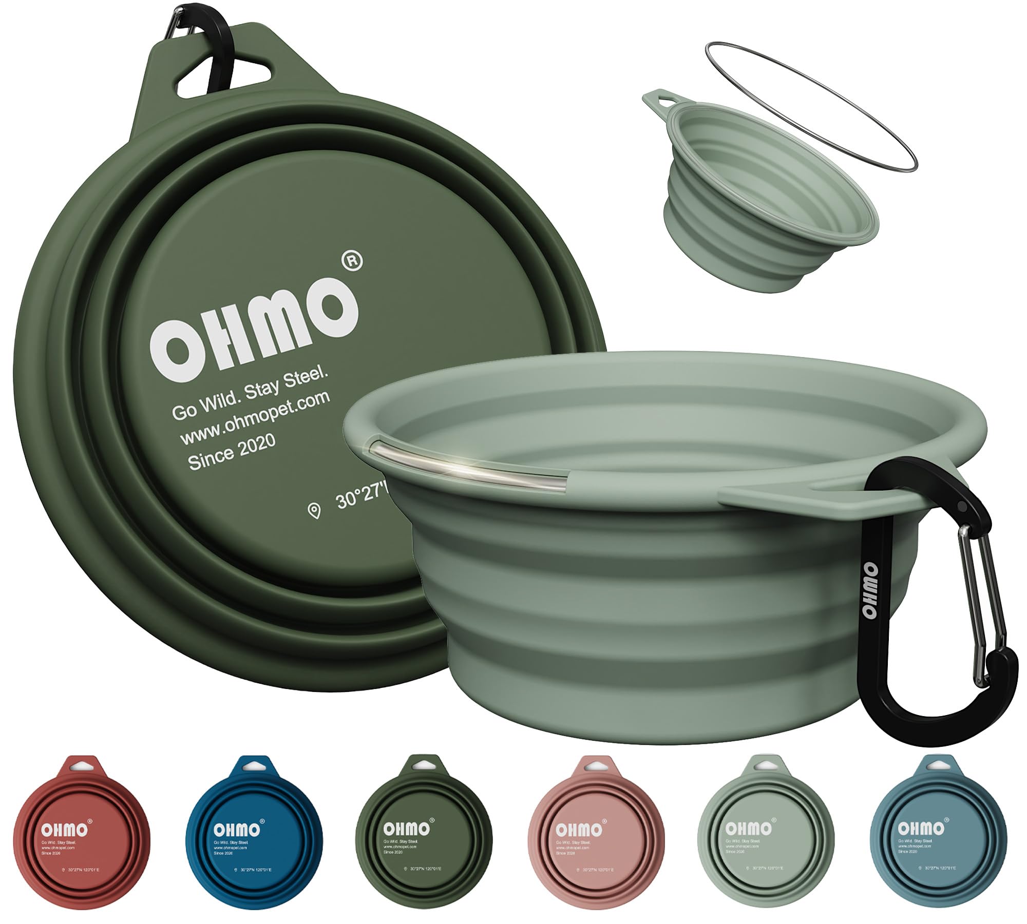 OHMO Collapsible Dog Bowl with Built-in Stainless Steel Ring, 2 Pcs 400ml Premium Silicone Pet Water Bowls for Cats & Dogs, Portable Dog Travel Bowls for Outdoor Camping Hiking