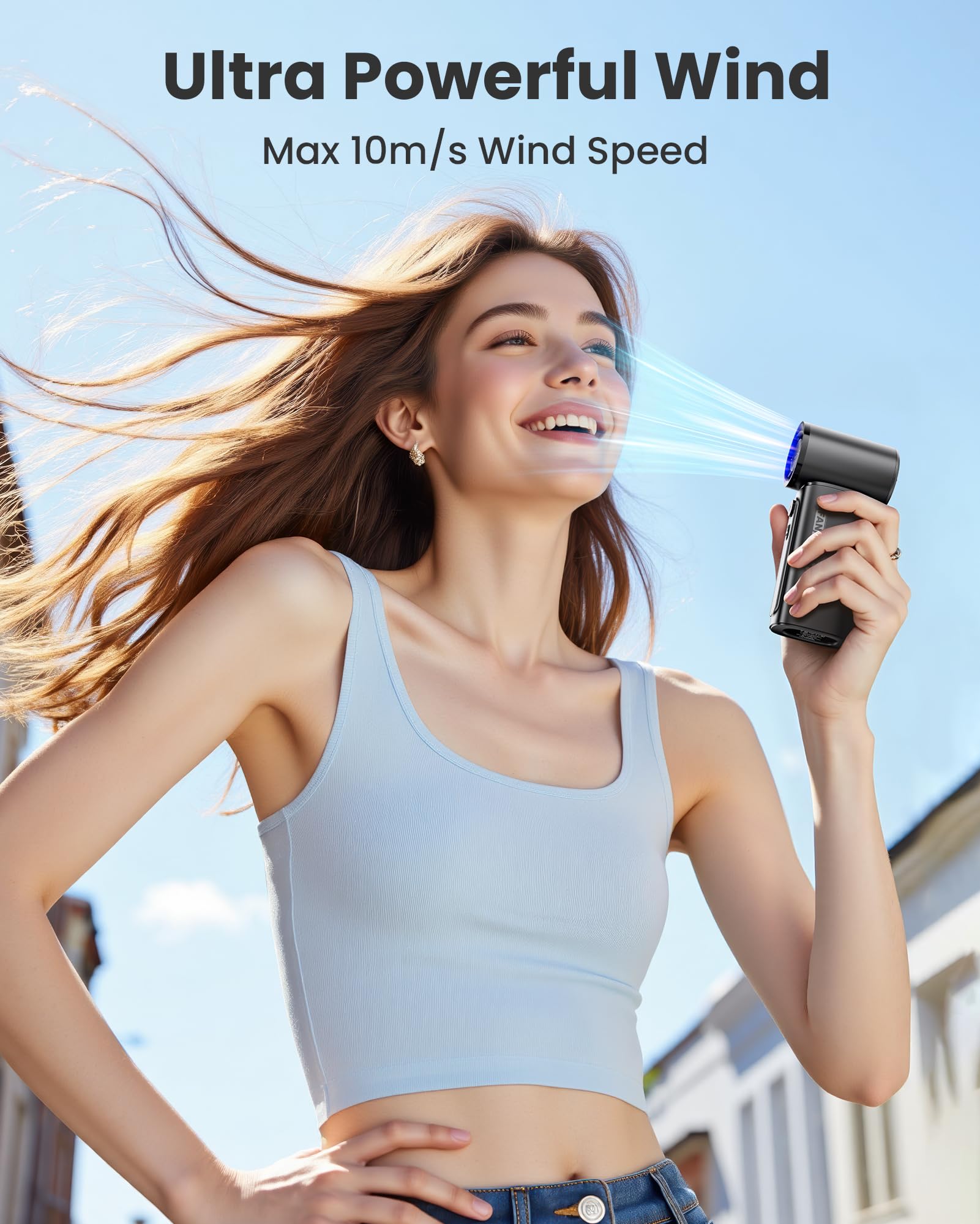 Ventilatore portatile portatile, 3600 mAh, potente mini ventilatore turbo, velocità (1-100) regolabile, tempo di raffreddamento massimo 12 ore, velocità di 19000 giri/min, display digitale, mini