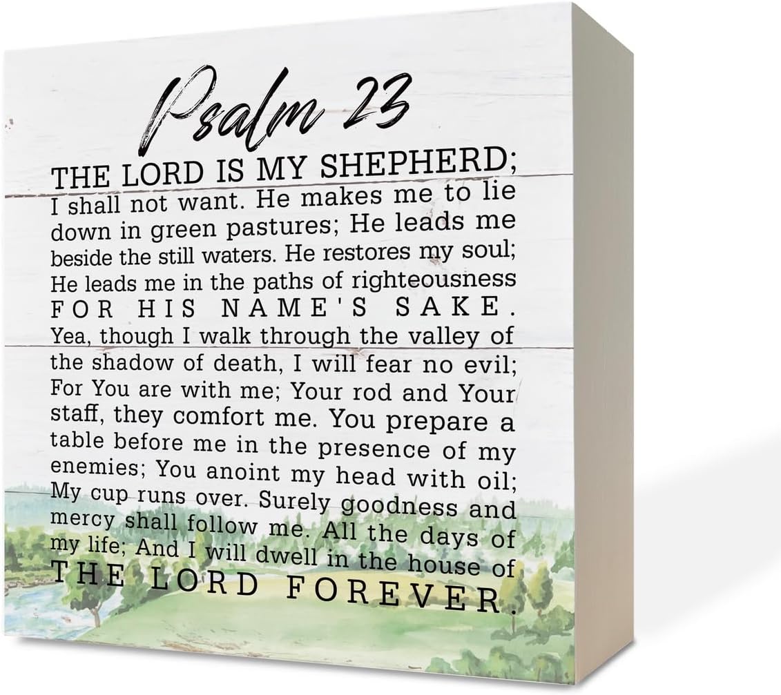 Christian Wood Sign - Bible Verse Psalm 23 The Lord is My Shepherd, Box Sign Tabletop Decor, Shelf Table Quotes, Religious Home Farmhouse Decor, Present