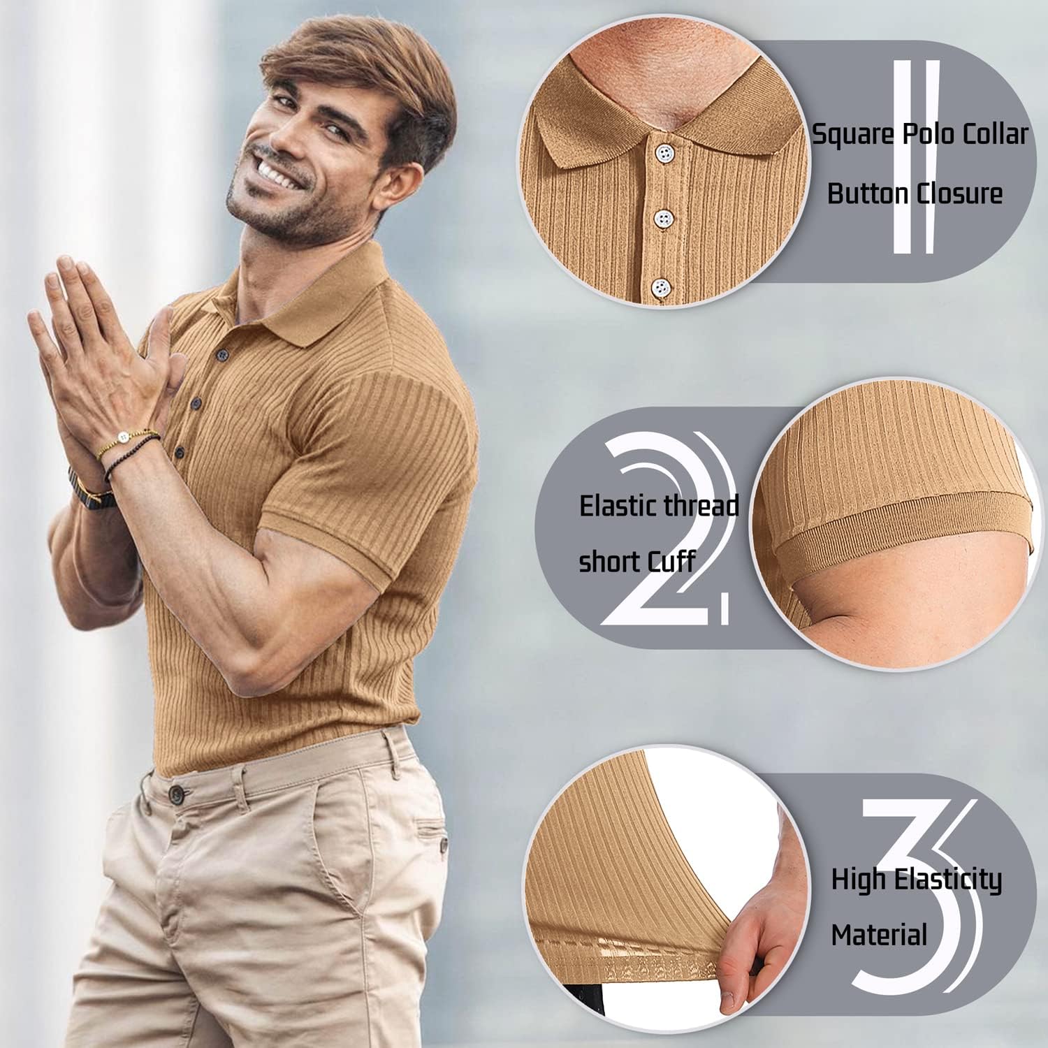 Collared Muscle Polo Shirts Men Slim Fit Textured Knit Polo Shirts Short Sleeve Button Down Shirts Casual Stylish - Image 4