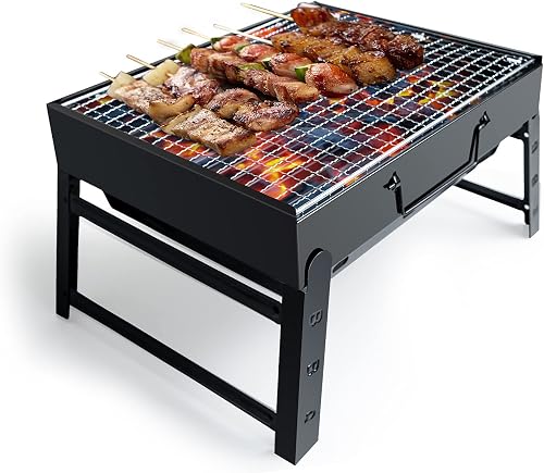 Kizmyee BBQ Barbecue Grill, Portable Folding Charcoal Barbecue Desk Tabletop Outdoor Stainless Steel Smoker BBQ for Picnic Garden Terrace Camping Travel 15.35''x11.41''x2.95'' (Black)
