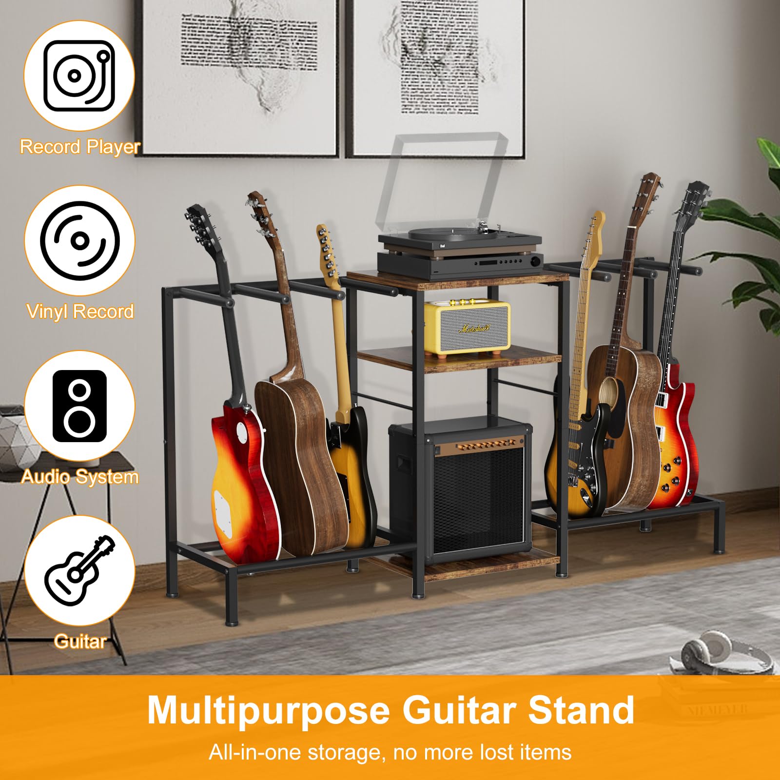 Supporto per chitarra per 6 chitarre, regolabile, con protezione imbottita morbida per chitarra acustica, elettrica, basso e ukulele, espositore per chitarra con 3 ripiani per amplificatori e