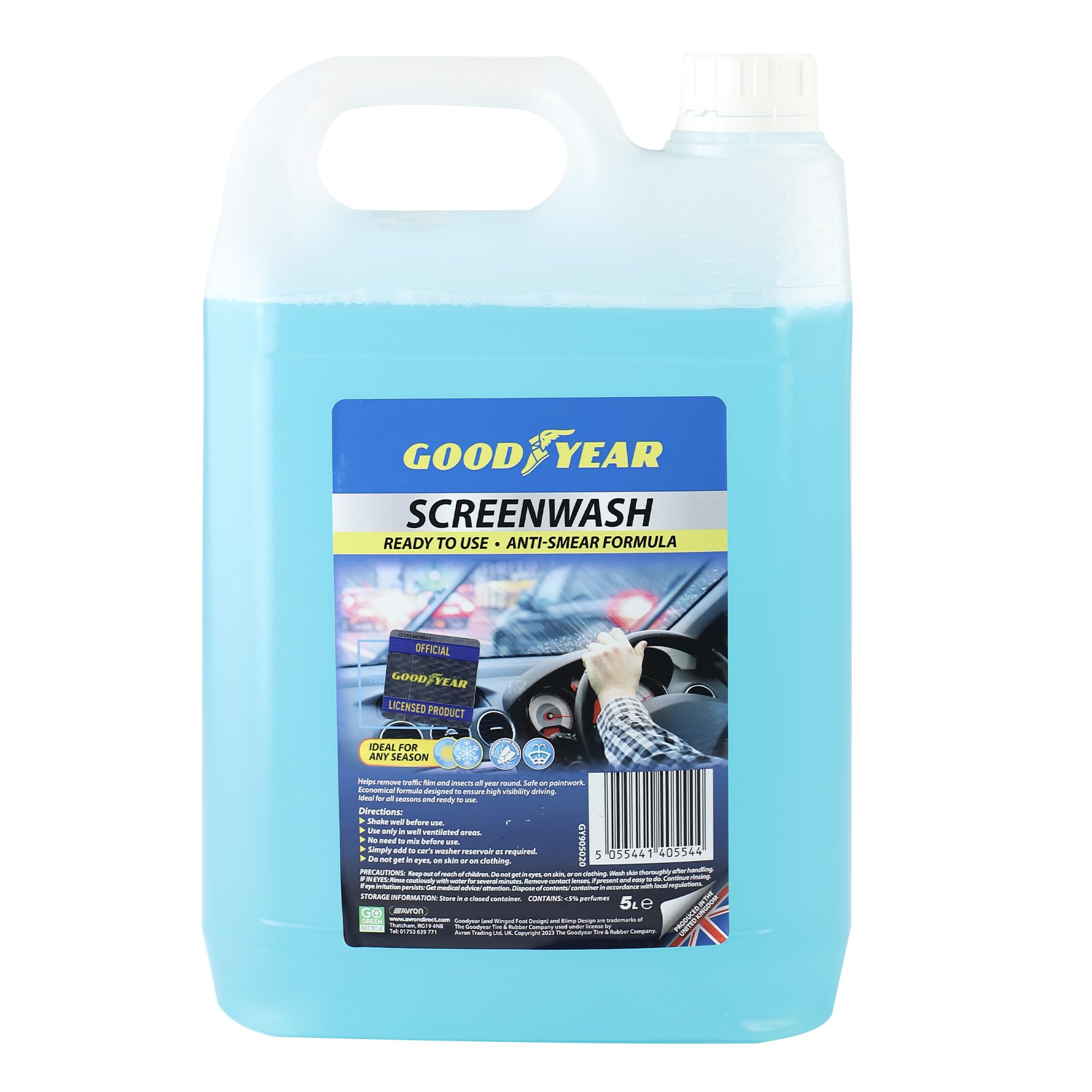 Goodyear 5 L Screenwash Blue -Anti smear formula| Helps remove traffic film and insects all year| Safe on paintwork| All seasons| Economical formula designed to ensure high visibility driving