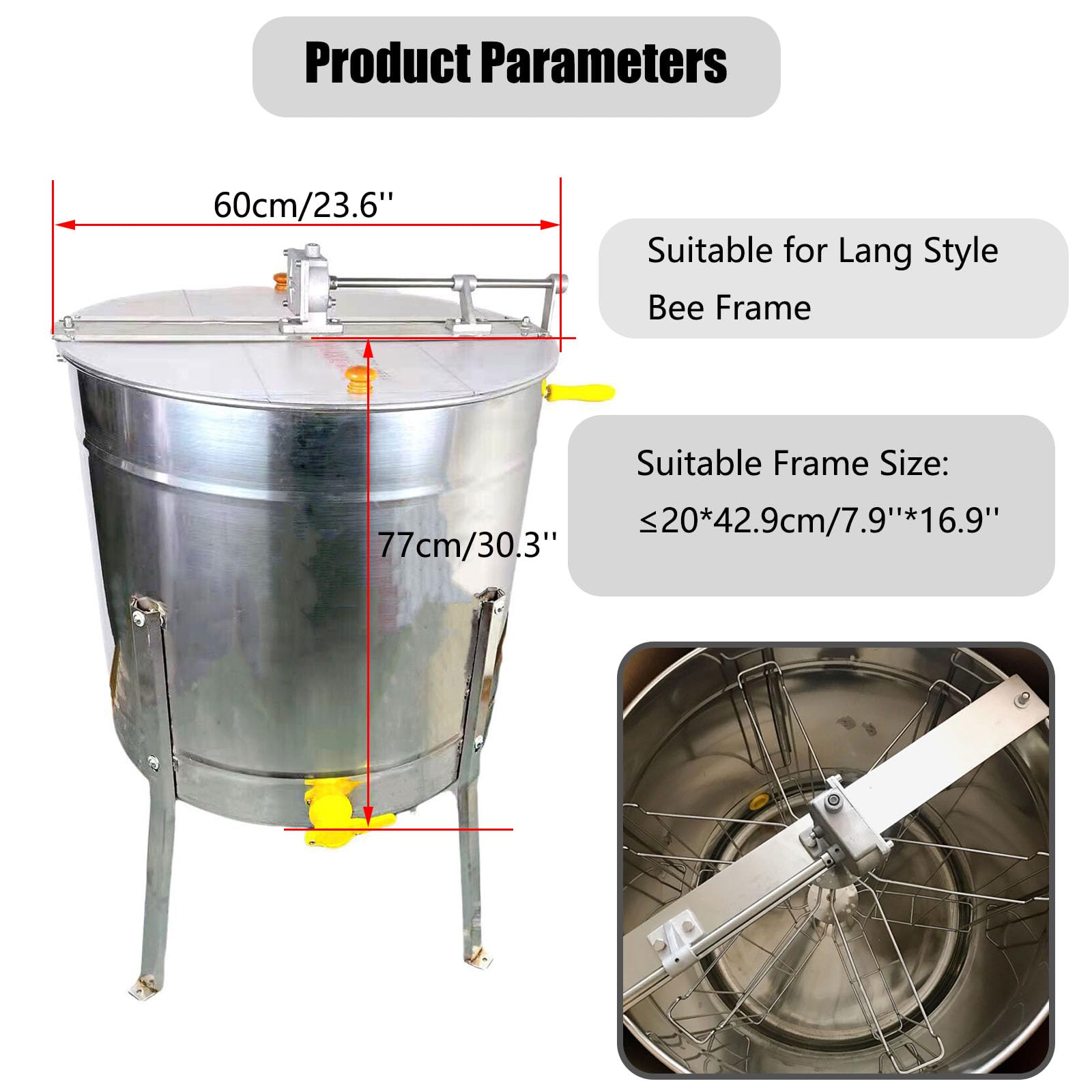 Smielatore Manuale 6 Telaio, Estrattore Acciaio Inossidabile, con Coperchio Trasparente e Staffa in Acciaio Inossidabile, per Allevamenti di Api Grandi E Piccoli,6 Frame
