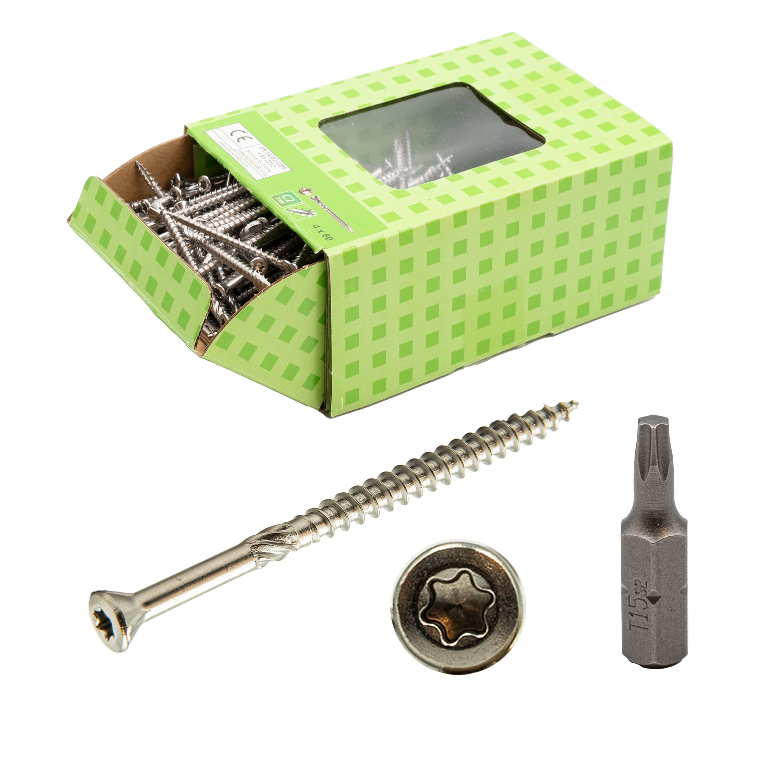 Tornillos para terraza 5 x 60 mm, acero inoxidable C2 (200 unidades) + puntas)