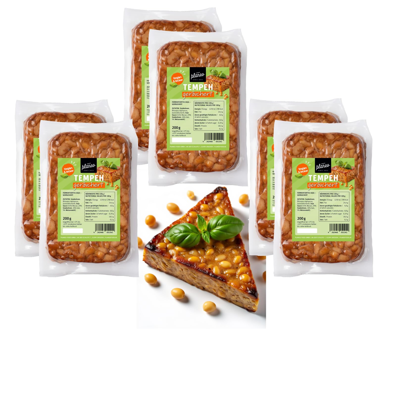 Planeo Tempeh Geräuchert 6x200g - Beste Qualität - Lange, ungekühlt haltbar - mild geräuchert - Soja aus der EU - Planeo (6 x 200g)