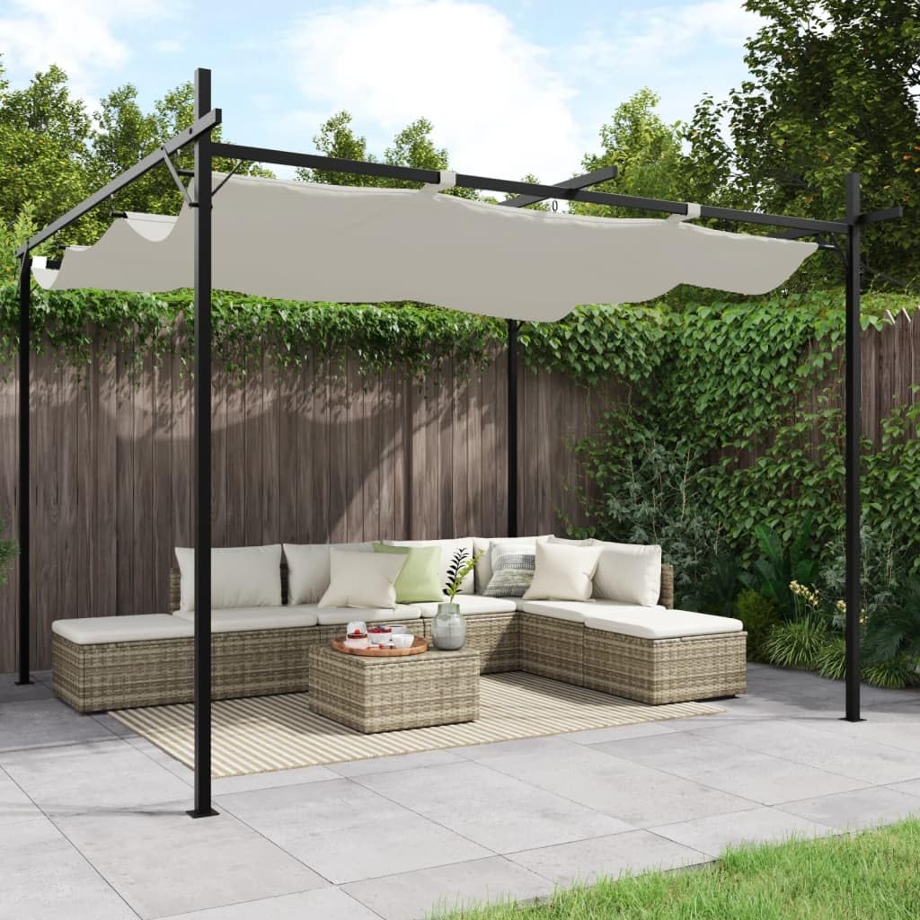 Pergola rectangulaire crème 295x292x230 cm avec Toit rétractable, Cadre en Aluminium et Acier Enduit de Poudre, Toile Polyester résistante aux UV pour Jardin, terrasse