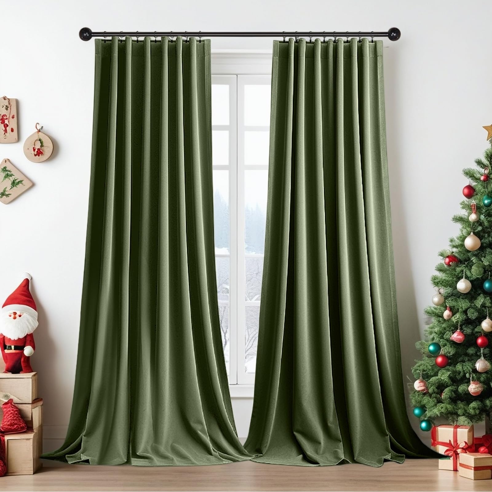 2er Set Samtvorhang Kräuselband, Schöne Samt Gardinen Verdunkelung Multifunktionsband, Thermogardine, Velvet Vorhang Flächenvorhänge Wohnzimmer, Schlafzimmer (H244xB132CM, Oliver Grün)