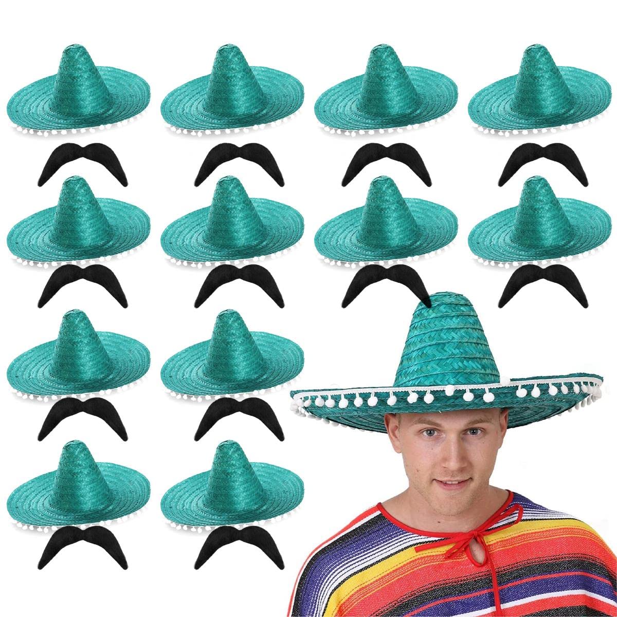 Mexican Sombero with Pom Pom Edges Fancy Dress Accessory With Moustache - Mexican Hat Straw Holiday Stag Night Clubbing Bandito - Green - Pack of 12