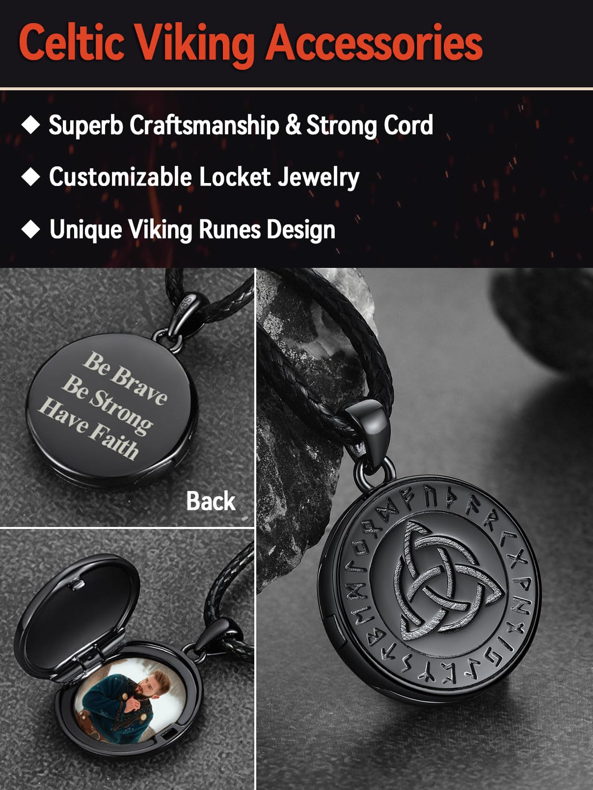 FaithHeart Spersonalizowany medalion ze zdjęciem dla mężczyzn i kobiet, srebro próby 925, miedziany łańcuszek wikingów Mjölnir z runą/wegwizorem/walknut/celtyckim węzłem / krzyżem świątynnym,