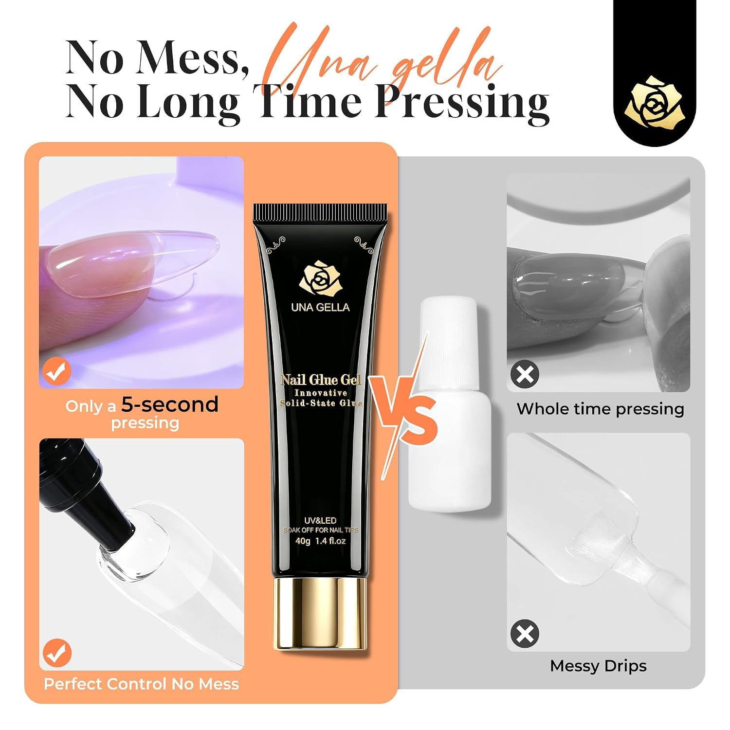 UNA GELLA Nagelkleber für Kunstnägel 40ml, Fester Soak Off Nagelkleber, Aushärtung mit Lampe erforderlich, Starker Kleber für Acryl Nägel, Fake Nails, Extensions & Press On Nails, Gelly Tips
