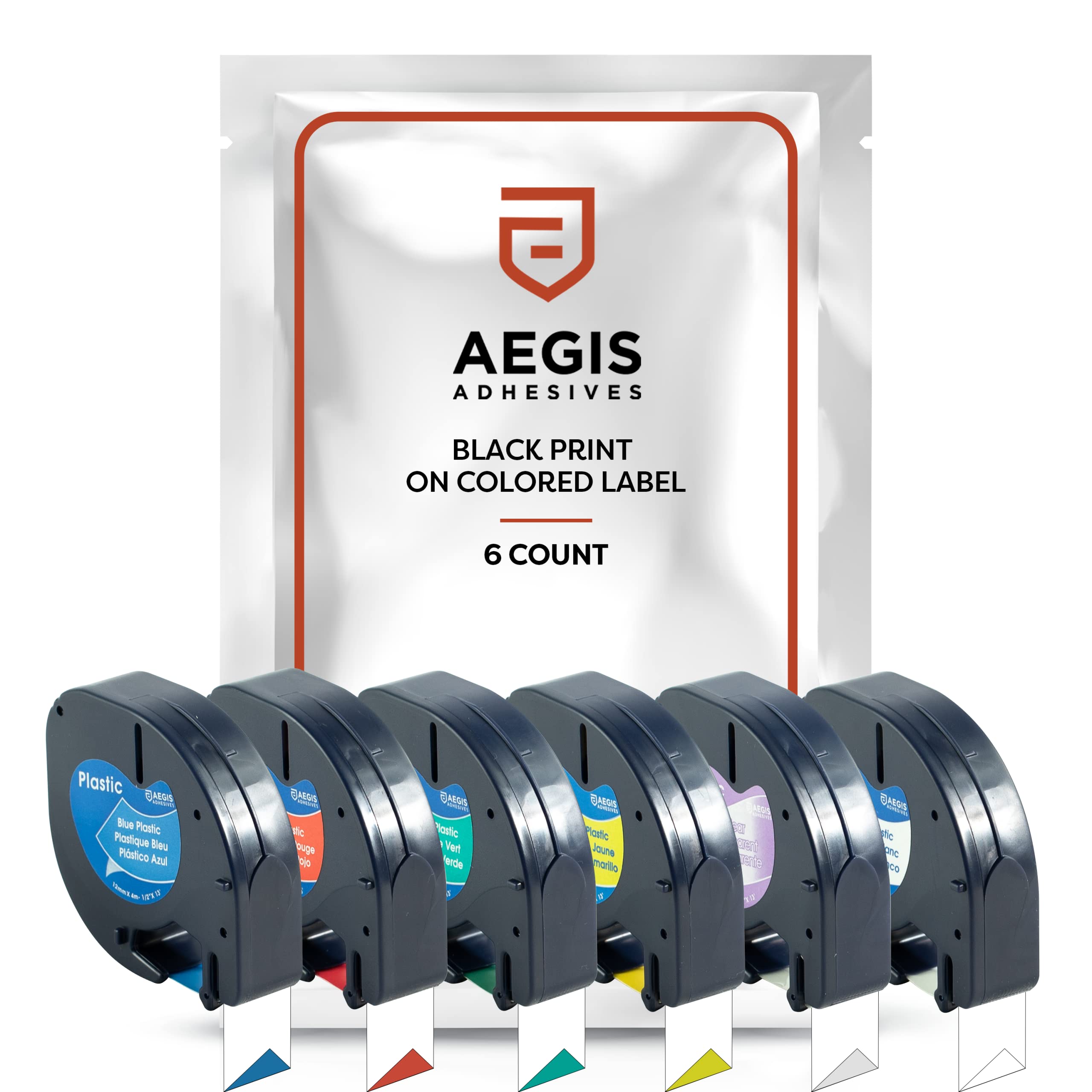 Aegis Adhesives 6-Pack (6 Color) Label Tape Replacement for DYMO LetraTag Refills | 1/2" x 13' 12mm x 4m Black Print on White Plastic Label Tape | Compatible with DYMO LetraTag LT-100H Plus Printer