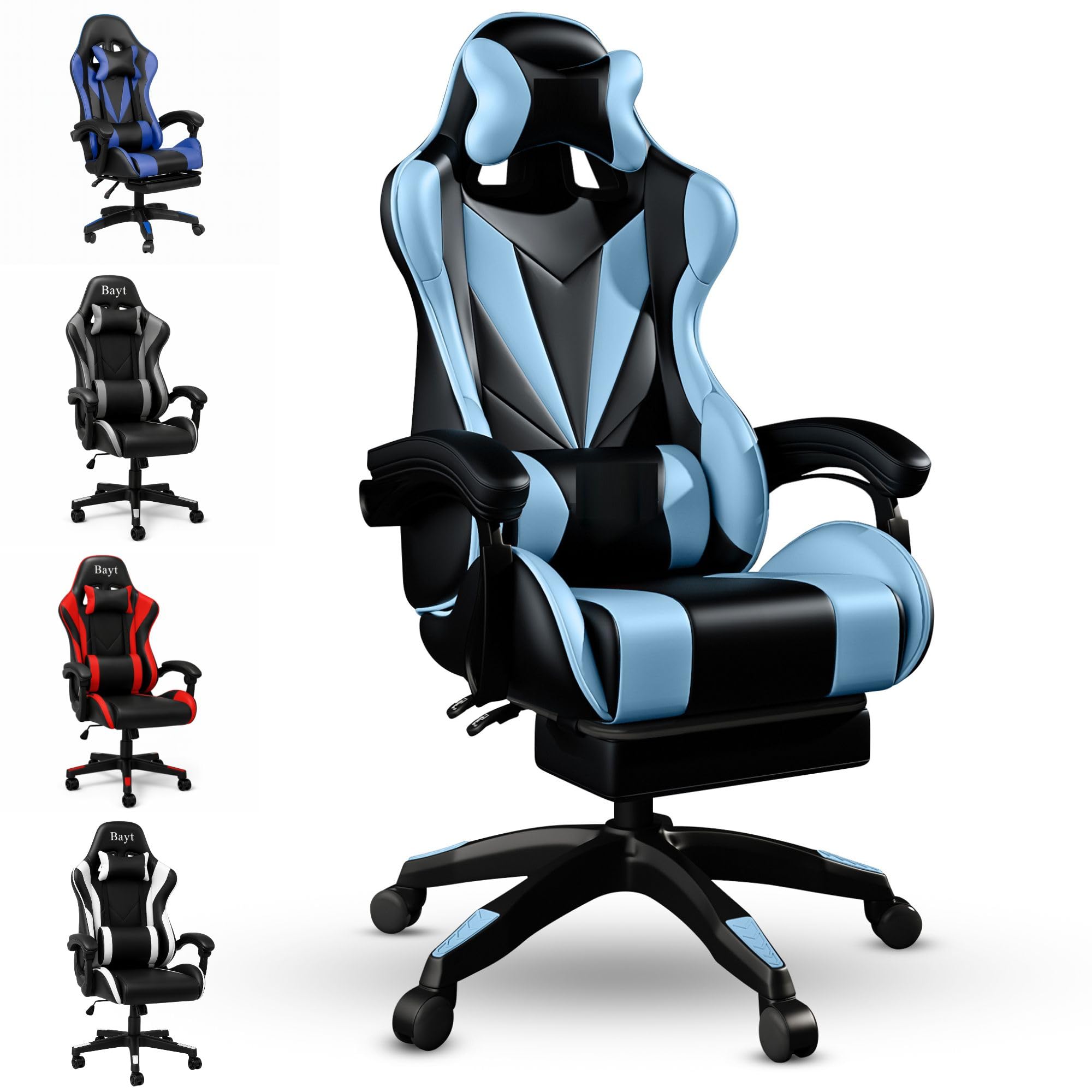 Bayt Fauteuil De Jeu Ergonomique pour La Maison - Fauteuil De Bureau À Dossier Haut avec Soutien Lombaire | Fauteuils D'Ordinateur en Similicuir pour Adultes Et Adolescents - Bleu Et Noir