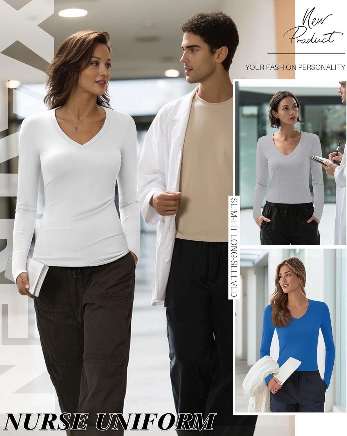 4 Pack Women's Under Scrubs Long Sleeve V Neck Shirts Slim Fit Stretchy Undershirt Basic Casual Tops for Nurse - Image 4