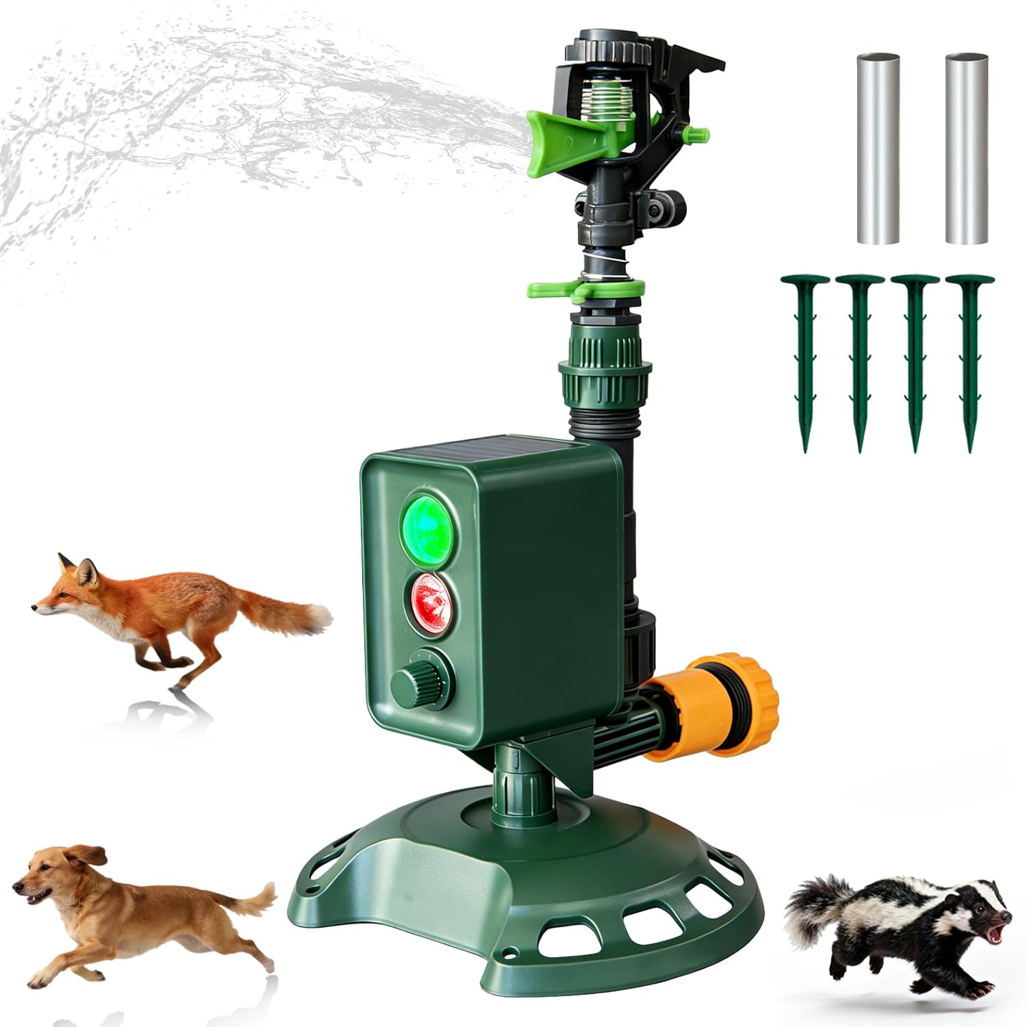 Solar Powered Motion Sensor Animal Repellent Sprinkler with Flashing Light, IP65 Waterproof Outdoor Deer & Dog Deterrent for Garden and Lawn Protection