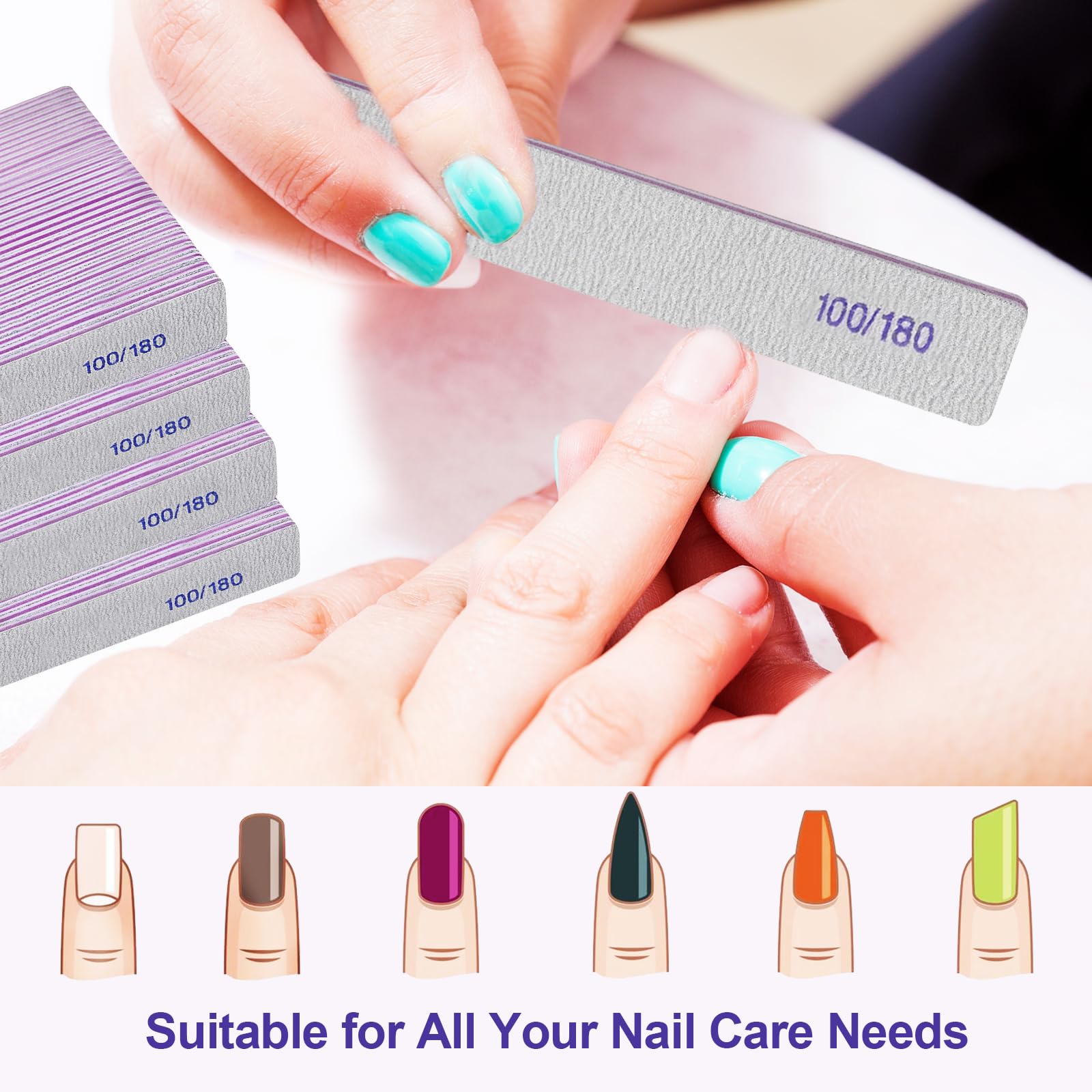 Lima de uñas de grano 100/180 (paquete de 100), limas de uñas acrílicas y naturales, lima de uñas profesional de doble cara, reutilizable, lavable, para manicura, cuadrada, color gris