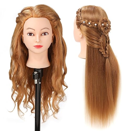 Miniatura 4 de Cabeza de maniquí de pelo largo de 66-71 cm con 60% cabello real, para práctica de peluquería y cosmetología, con abrazadera y 9 herramientas - #27