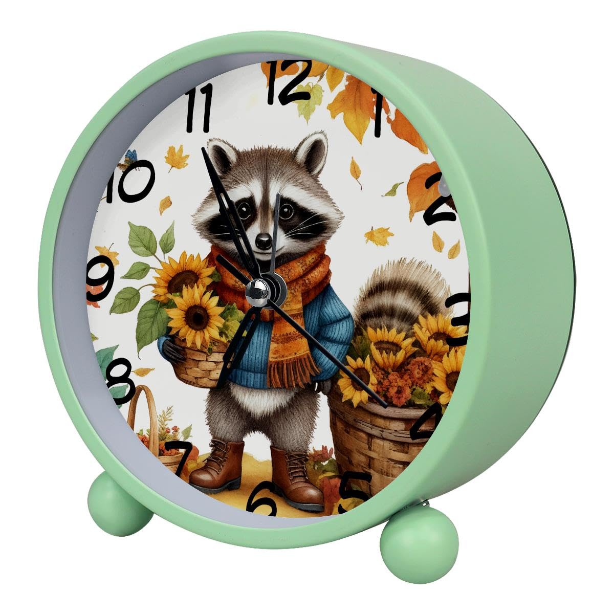 Luoweisi Analog Alarm Clock Raccoon Autumn Sunflower, Silent Non-Ticking with Night Light, Battery Operated, Round Desk Alarm Clock for Office, Bedroom, Elderly, Adults, Children, Student Gifts