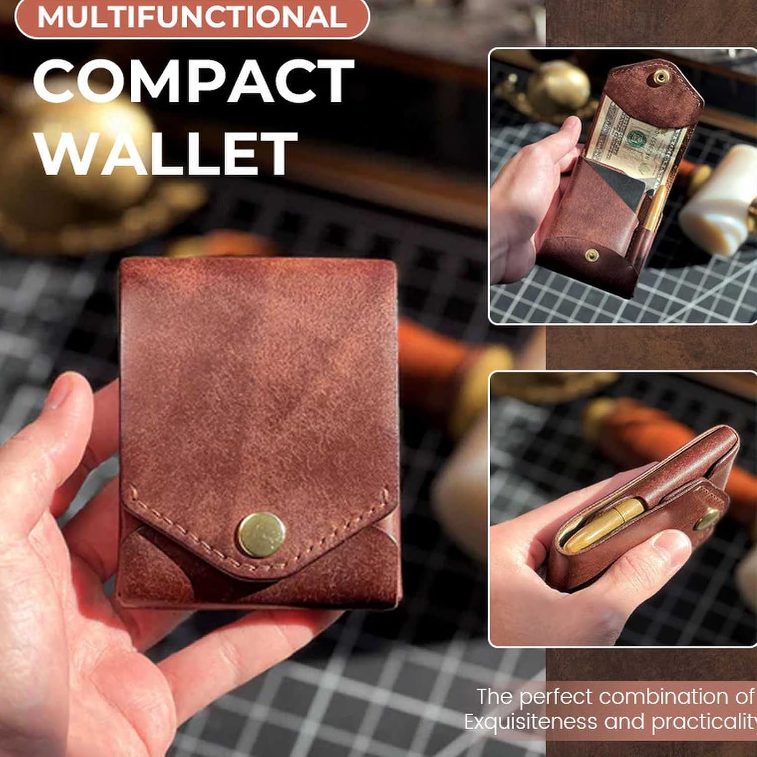 Solid Color Multifunctional Compact Wallet, PU Leather ID Card Clip Case with Built-in Pen Slot, Portable Wallet for Father's Day, Graduation Gift and Daily Use. Complimentary fountain pen