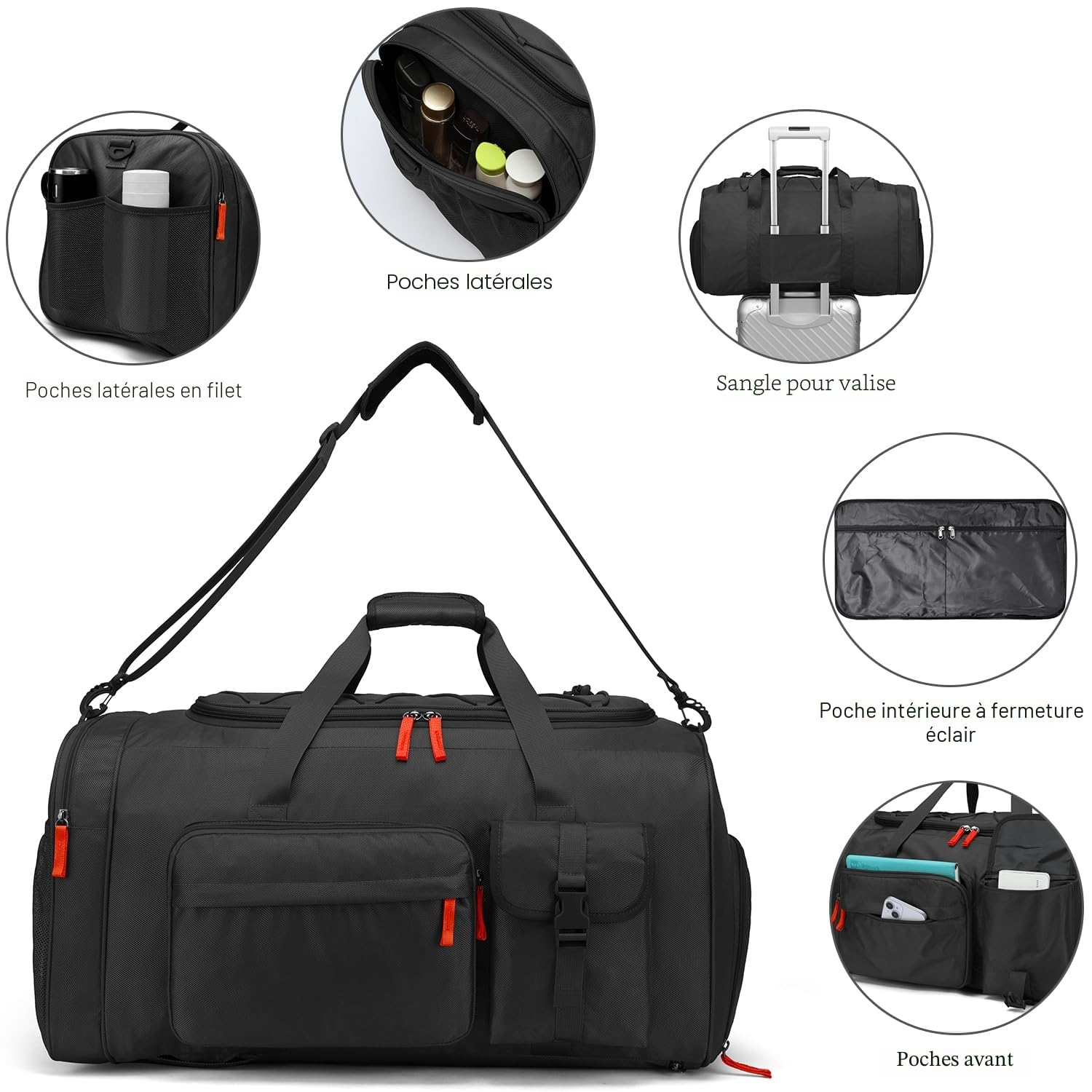Sac de Voyage Homme 70L Grand Sac a Dos Week-End/Sport avec Compartiment à Chaussures pour Sport, Fitness, Voyages, Camping Duffel Bag, Noir