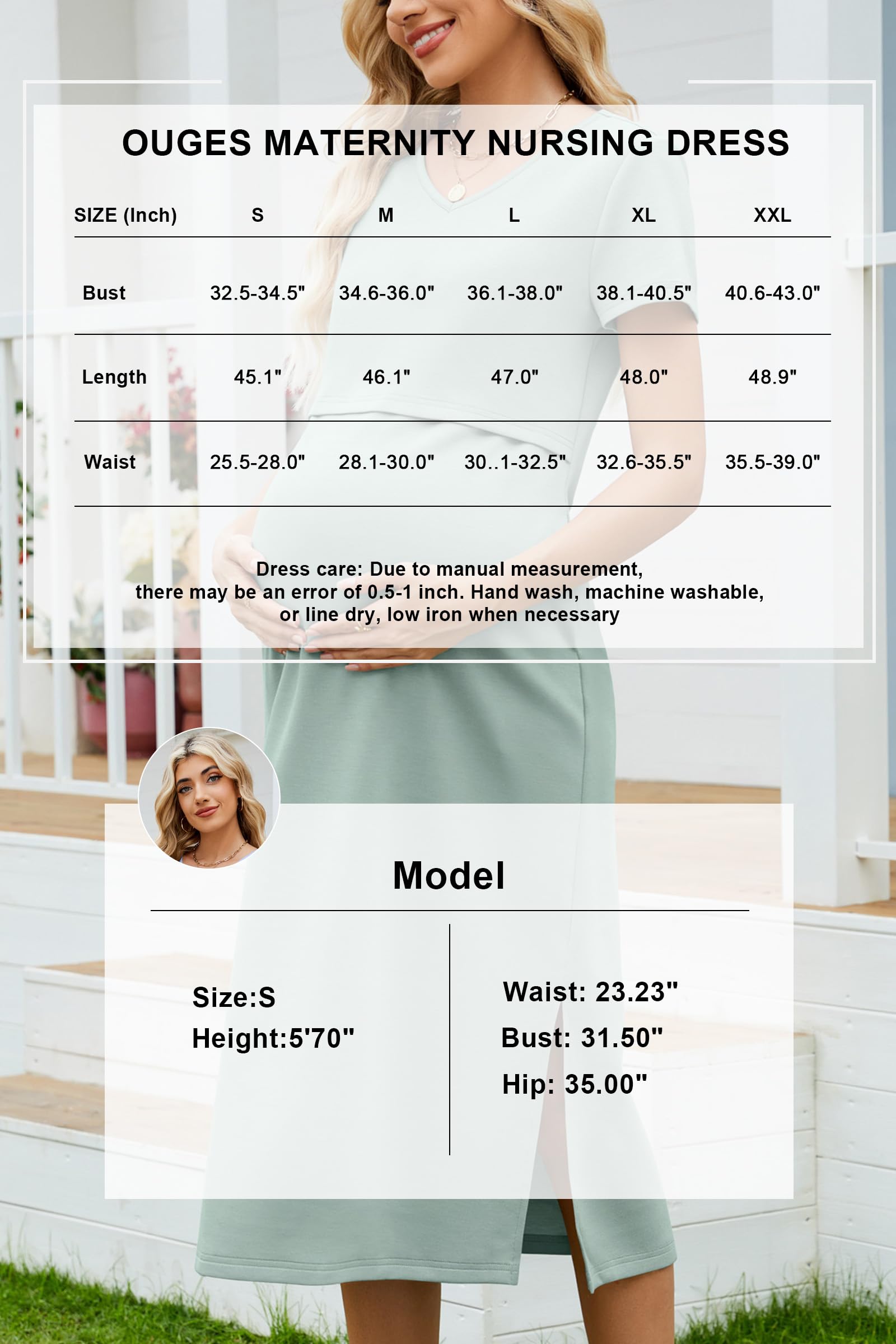 OUGES Damen Sommer Stillkleid Midi Kurze Ärmel Umstandskleid Festlich V-Ausschnitt Umstandsmode mit Taschen