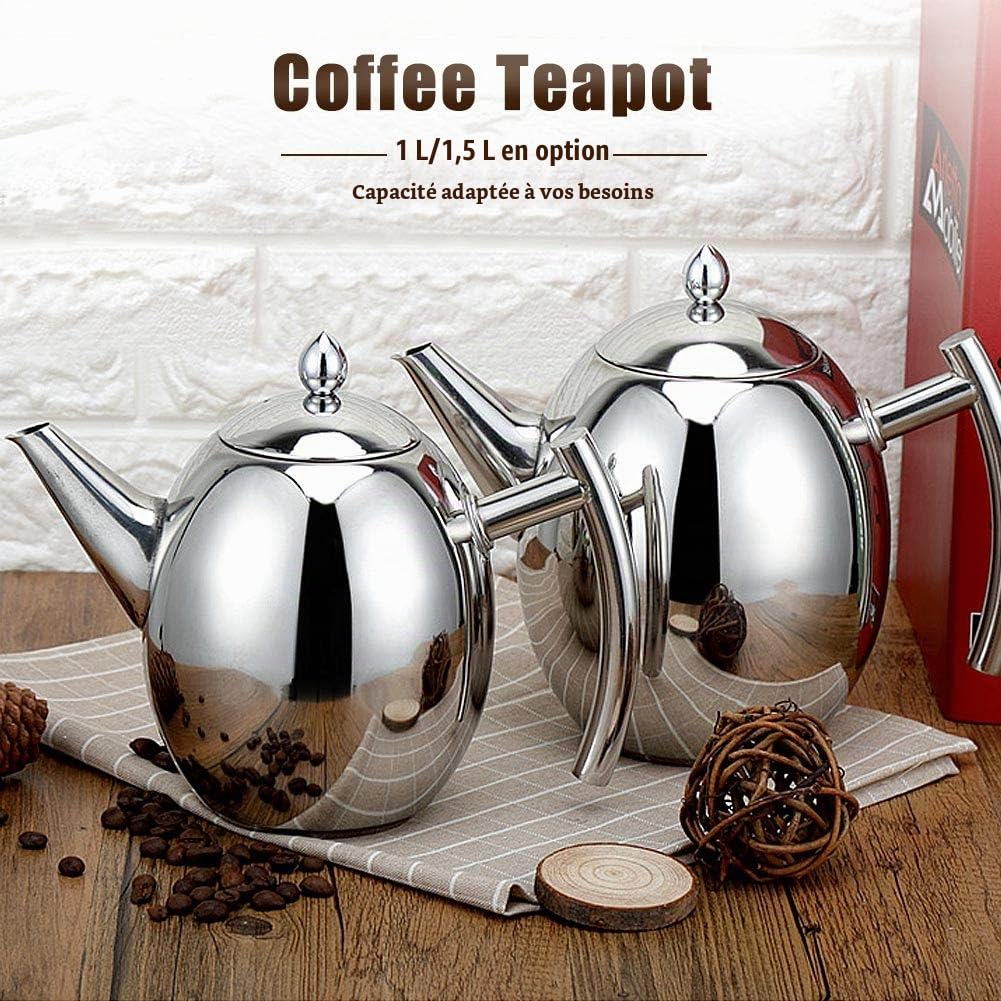 Fyearfly Théière en acier inoxydable avec infuseur, théière de 1 litre/1,5 litre, théière en argent fine avec filtre pour maison, hôtel, restaurant, thé en vrac(1L)