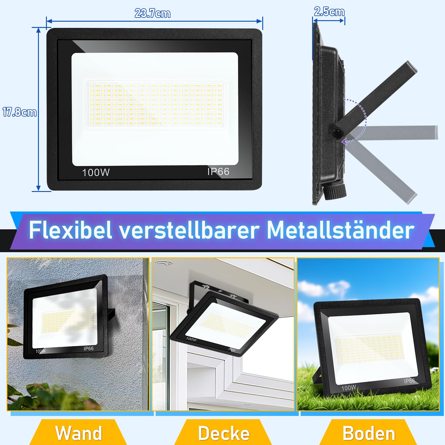zewnętrzny reflektor LED 100 W, 2 x oświetlenie zewnętrzne LED, super jasne z 3 regulowanymi temperaturami barwowymi na wesela, przyjęcia urodzinowe, drzewo, do domu, bez wtyczki