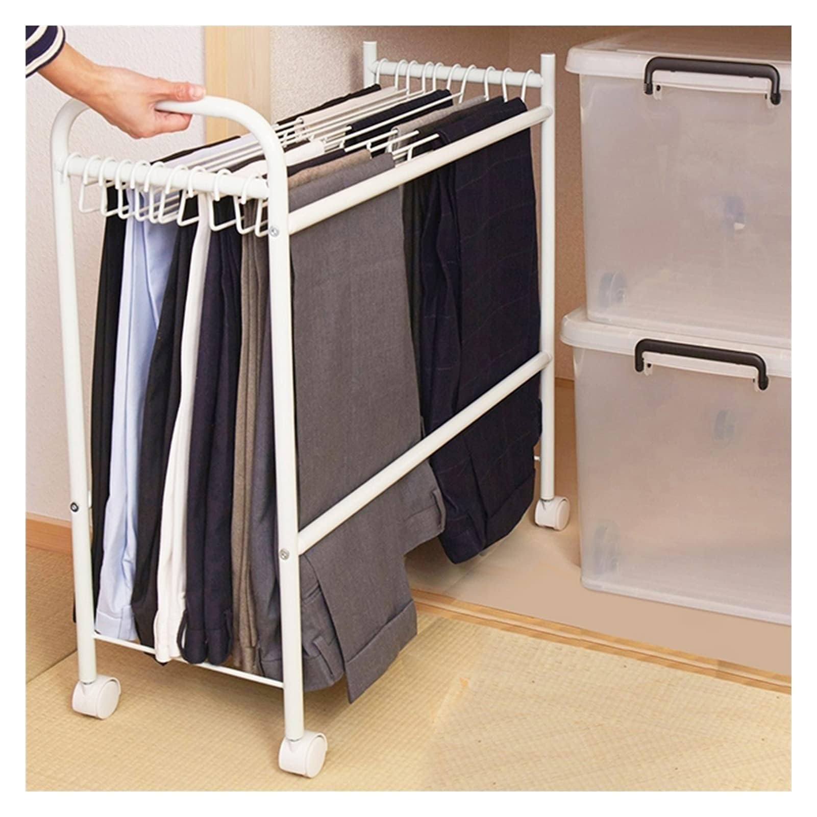 Genérico Perchero extraíble para Pantalones, Extensible, con cajón y Ruedas giratorias, Ideal para guardarropas pequeños, Ideal para Jeans, Pantalones y Faldas. Perchero versátil para guardarropas.