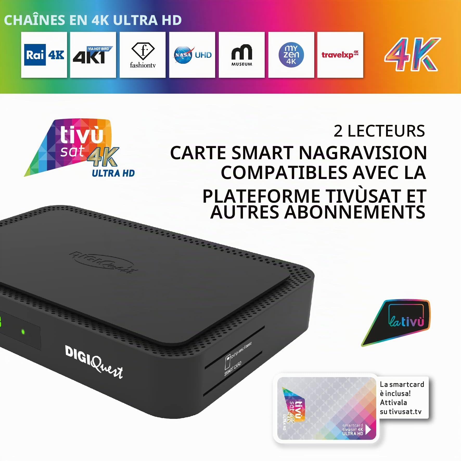 DIGIQUEST Décodeur tivùsat Combo 4K Q90 | Récepteur Satellite HbbTV, Double Tuner | Enregistreur vidéo et Timeshift | Mediaplayer, Télécommande 2 en 1 | Smartcard tivùsat Incluse | Noir