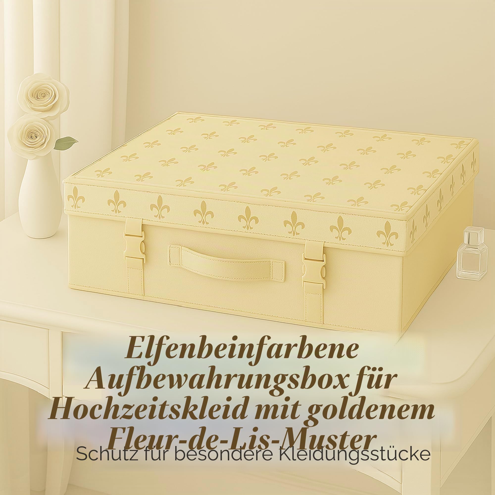 HANGERWORLD - Große elfenbeinfarbene Aufbewahrungsbox für Brautkleid mit Deckel, goldfarben, Fleur de Lis