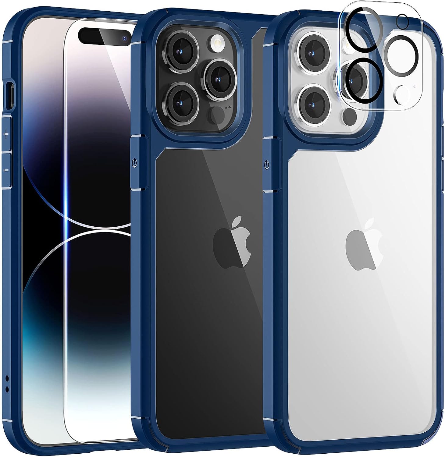 TAURI for iPhone 14 Pro Max Phone Case, [5 in 1] 1X Case [Not-Yellowing] 2X Tempered Glass Screen Protector + 2X Camera Lens Protector, [Military-Grade Drop Protection] Slim Phone Case 6.7 Inch-Blue