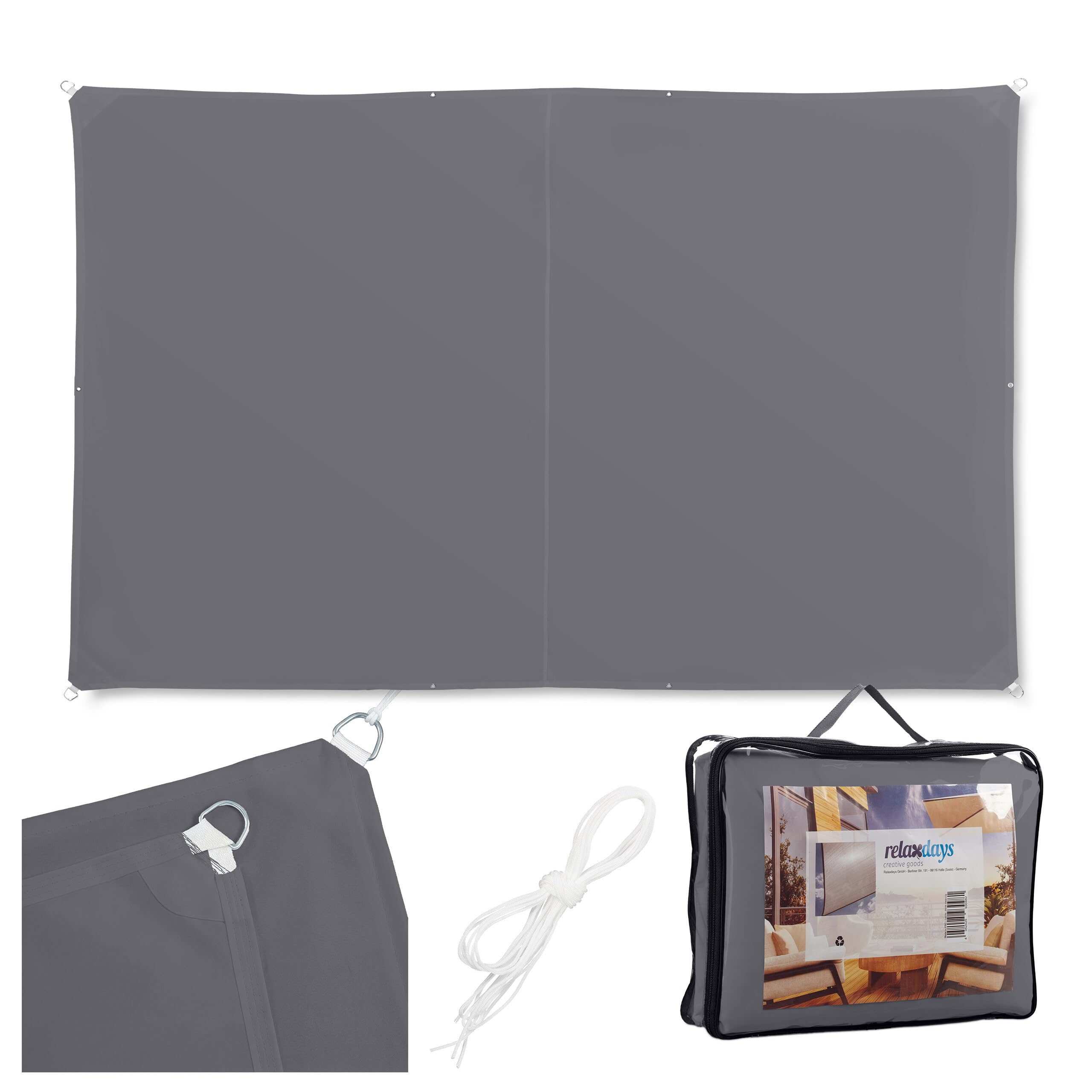 Relaxdays Sonnensegel, 4x6 m, Polyester, wasserdicht, Segeltuch Ösen & Spannseile, Sonnentuch rechteckig, dunkelgrau