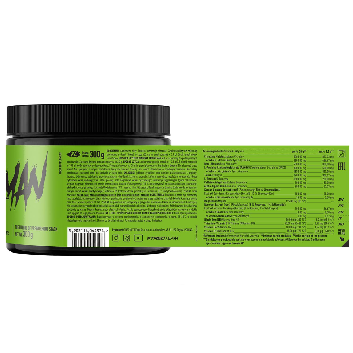 Trec Nutrition - Boogieman Pre-Workout Booster - Intense Energy & Focus with Caffeine | B-Vitamins | Peak Performance, | L-Citrullin Malat | No Sugar Added | Grapefruit - Lime, 300g Jar