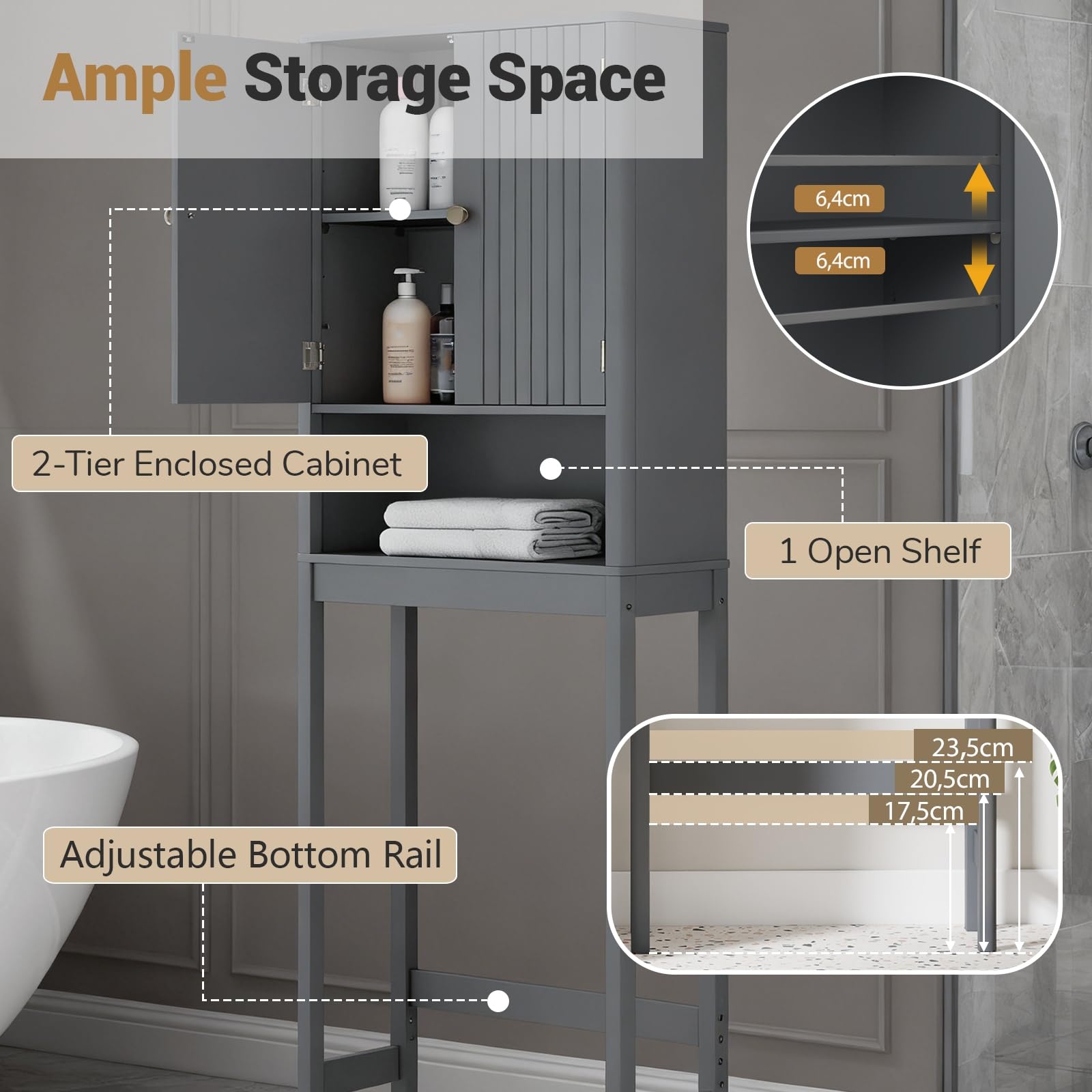 LIFEZEAL Armadietto portaoggetti per bagno, mobile portaoggetti alto sopra il WC con ante ripiani regolabili e barra inferiore, mobile salvaspazio per bagno (grigio)