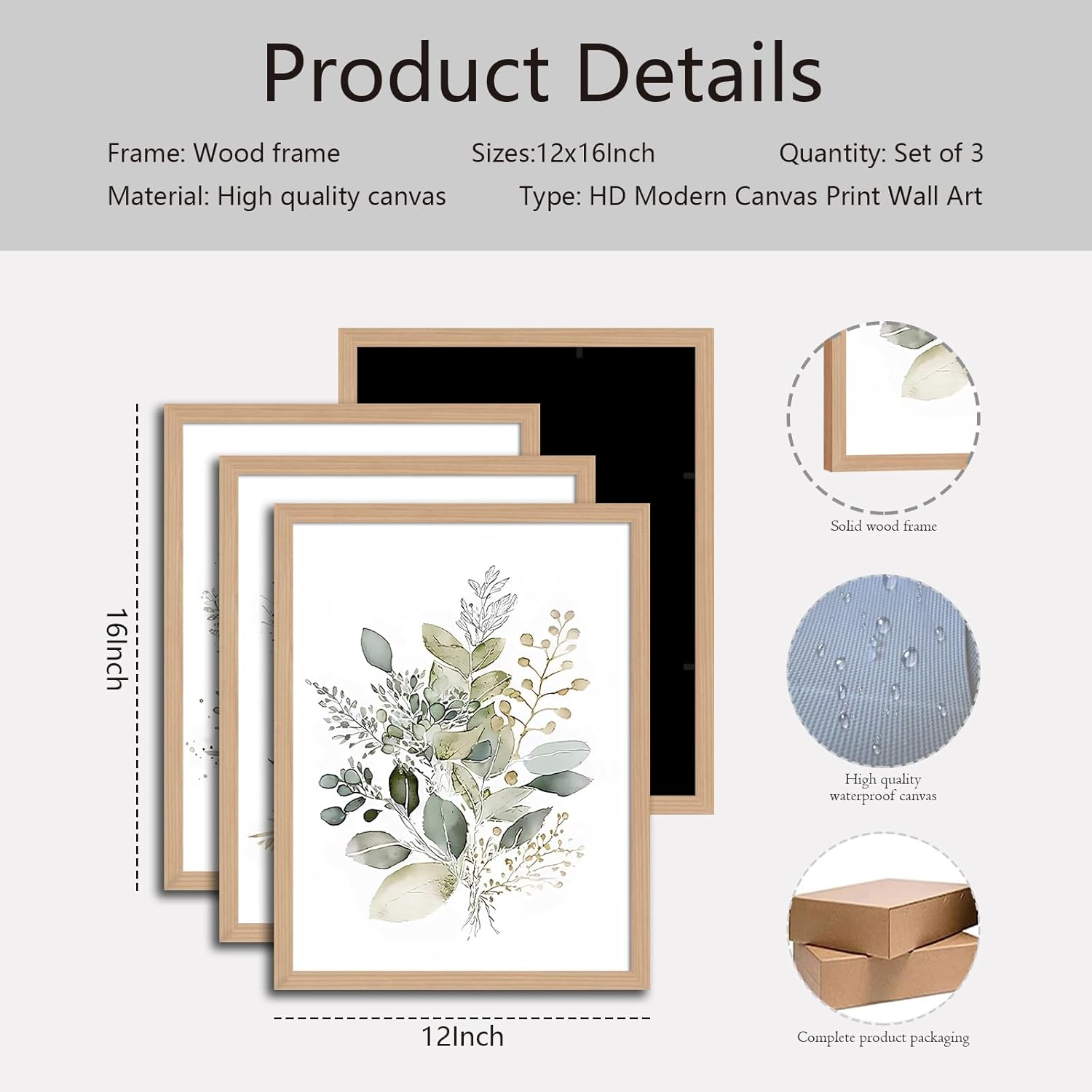 3Pcs Framed Sage Green Botanical Wall Art, Watercolor Canvas Prints Modern Green Plant White Floral Decor for Bedroom Living Room Bathroom Nursery, Ready to Hang wooden frame 12x16In