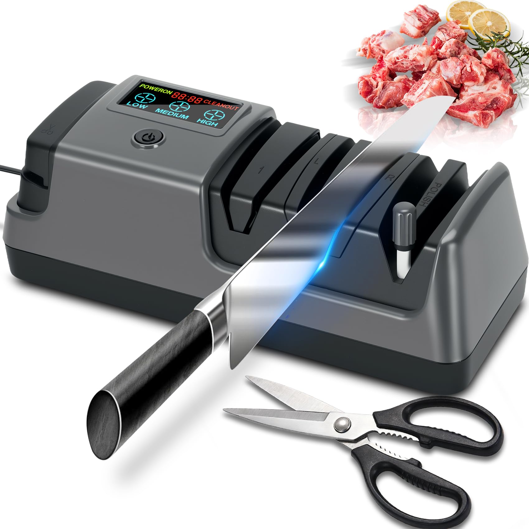 5 in 1 Electric Knife Sharpener with LCD Screen 3 Rotational Speed Adjustable 100 Diamond Abrasives Electric Knife