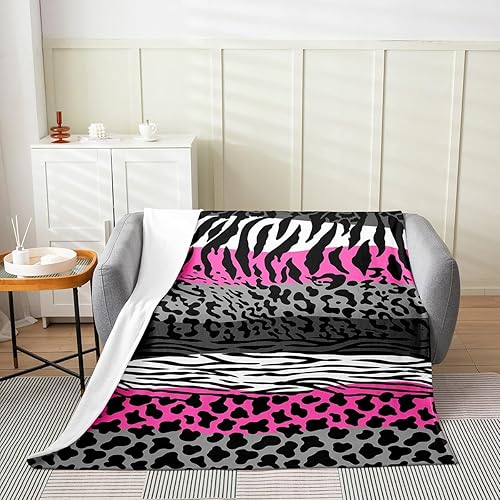 Manta de franela de leopardo rosa acuarela tamaño individual de 60 x 80 pulgadas, manta Sherpa de franela de piel de cebra y guepardo salvaje para