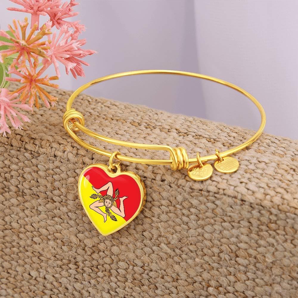P.S. I Love Italy Gold Sicilian Flag with Heart Charm Bangle - Great Italian Themed Jewelry Gift - Shatterproof Glass Bangle on Surgical Steel Fashion Bracelet - Engraving Available