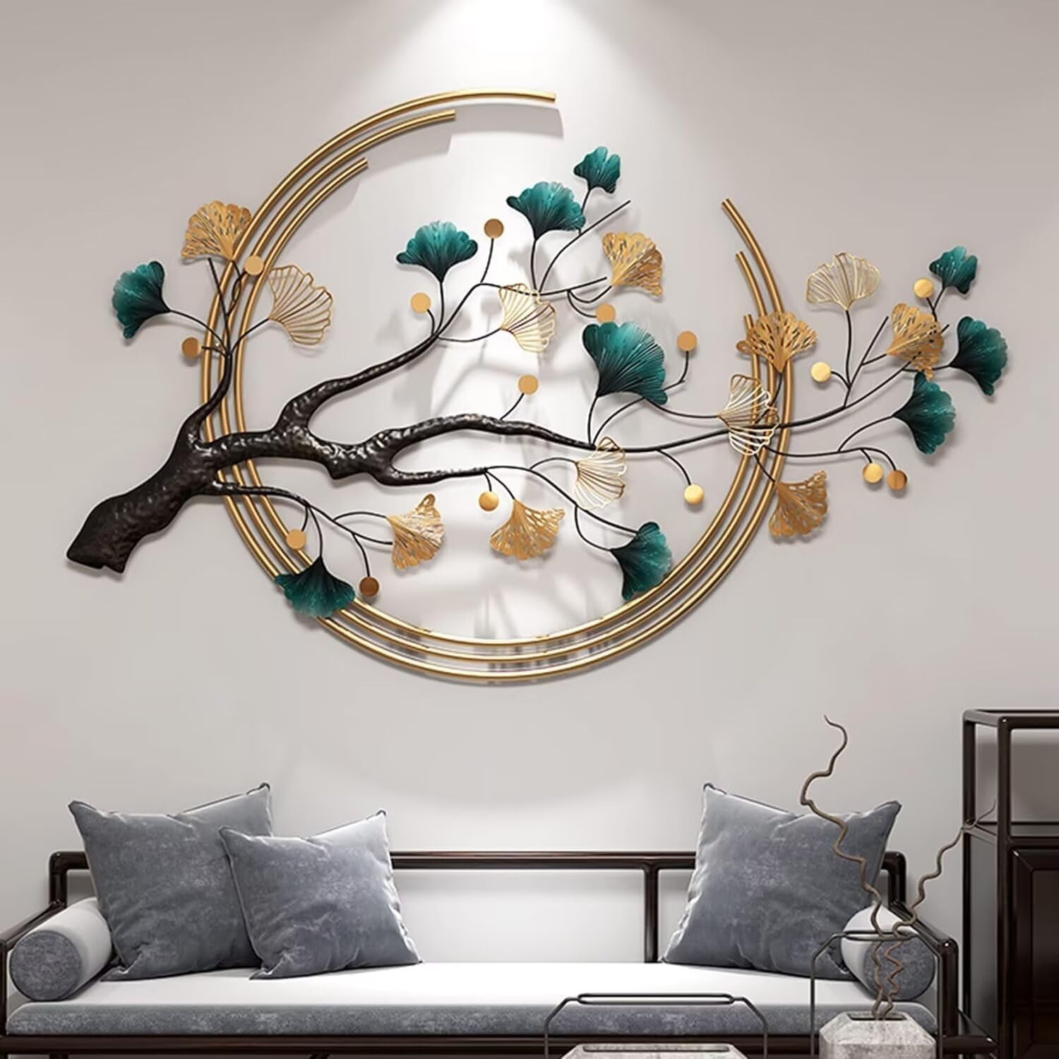 JKFGYTHG Décoration murale de luxe en métal avec des feuilles de ginkgo, décoration d'art naturel pour le salon, la chambre, la cuisine et l'hôtel, 134x83cm