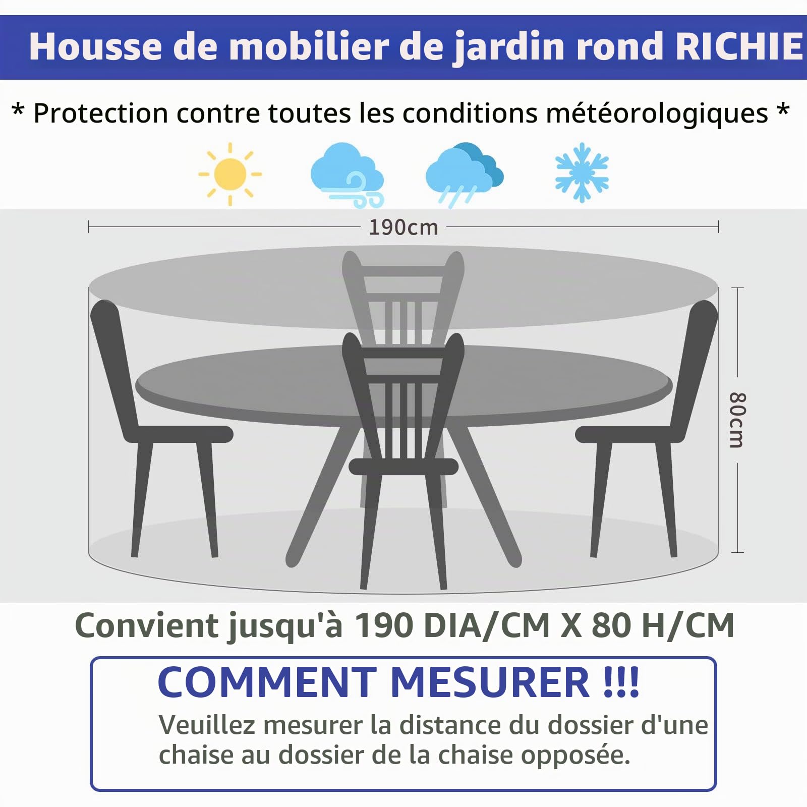 RICHIE Housses de protection pour meubles de jardin - Housse de table de jardin imperméable 190x80 cm - Housses de table extérieures pour meubles de jardin - Housses de jardin rondes respirantes en