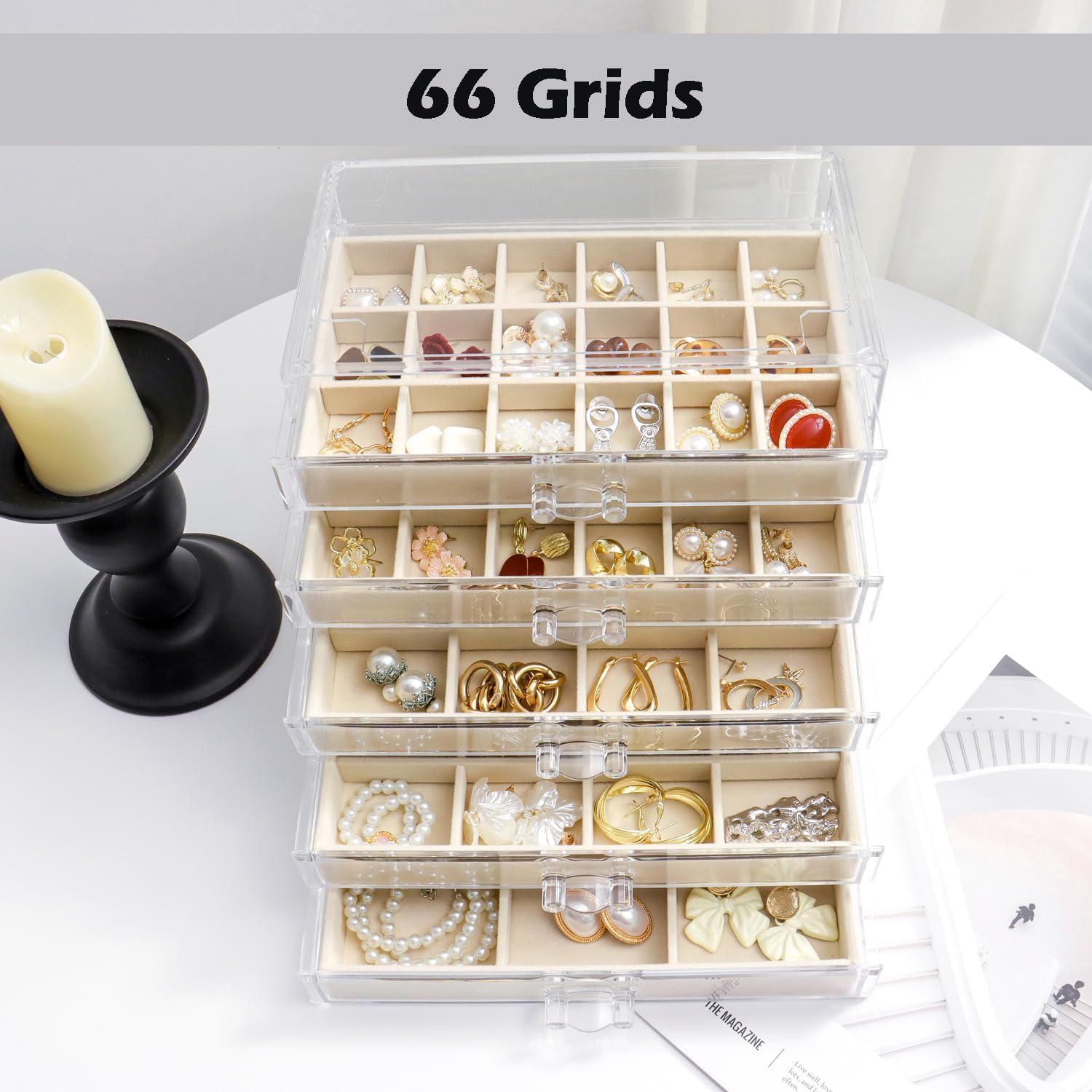 Jewelry Organizer with 5 Drawers Clear Acrylic Earring Display Case Velvet Jewelry Storage Box Display Holder for Earring Ring Bracelet Necklace (Beige, 66 Grids) - Image 3